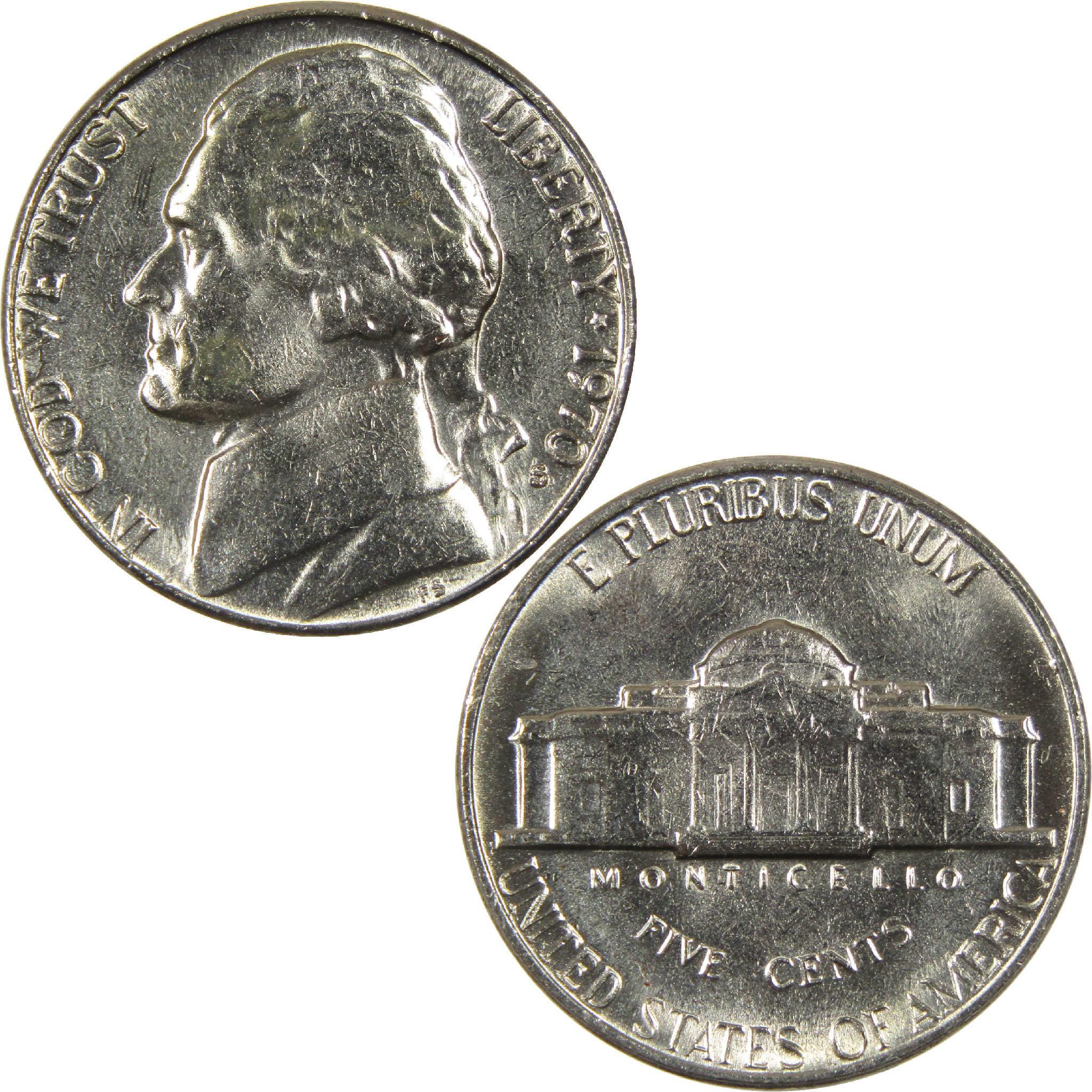 1970 Jefferson nickel showing obverse portrait and reverse Monticello design, collectible coin