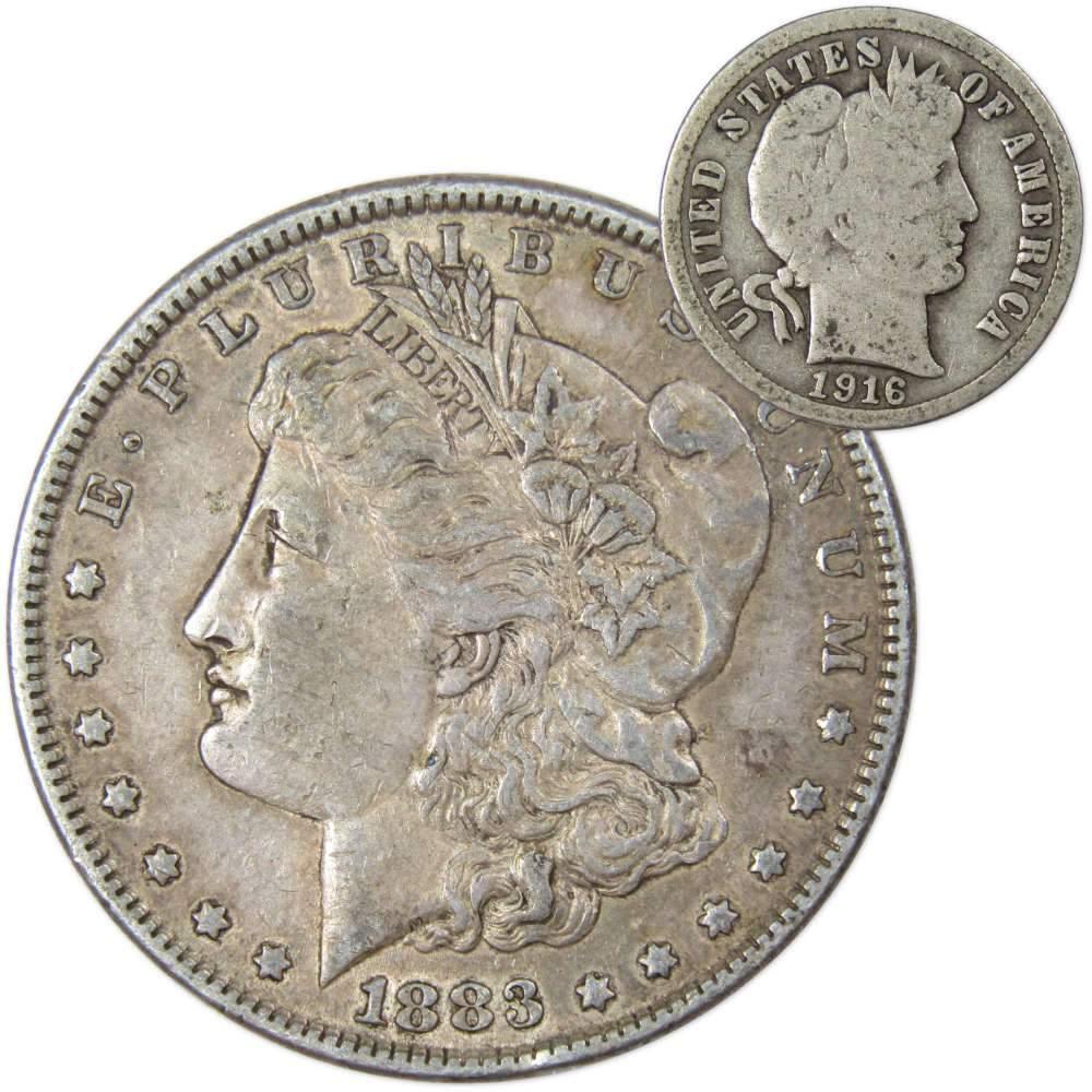 1883 Morgan Silver Dollar XF Extremely Fine with 1916 Barber Dime Good - Morgan coin - Morgan silver dollar - Morgan silver dollar for sale - Profile Coins & Collectibles