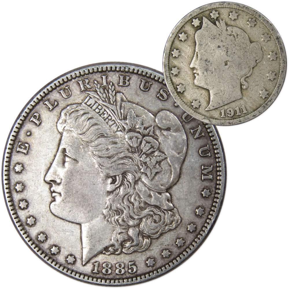 1885 Morgan Silver Dollar VF Very Fine with 1911 Liberty Nickel Good - Morgan coin - Morgan silver dollar - Morgan silver dollar for sale - Profile Coins & Collectibles