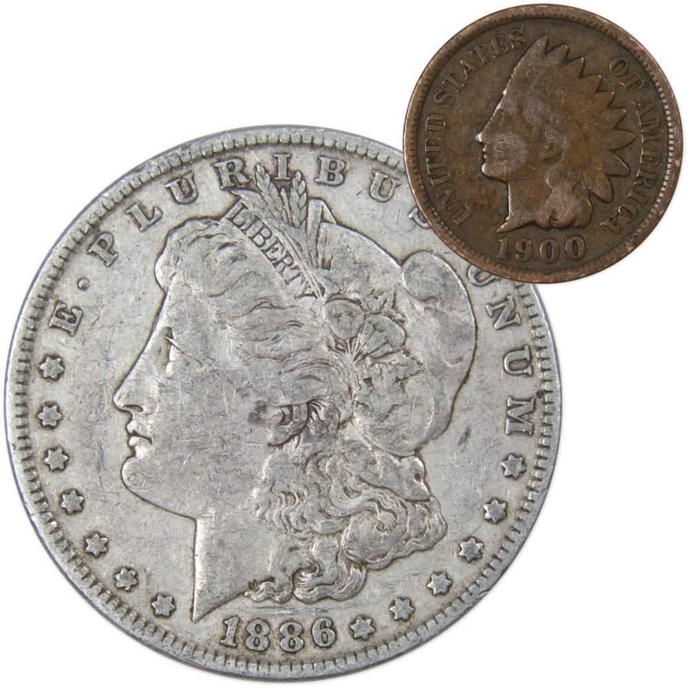 1886 Morgan Silver Dollar F Fine with 1900 Indian Head Cent Good - Morgan coin - Morgan silver dollar - Morgan silver dollar for sale - Profile Coins & Collectibles