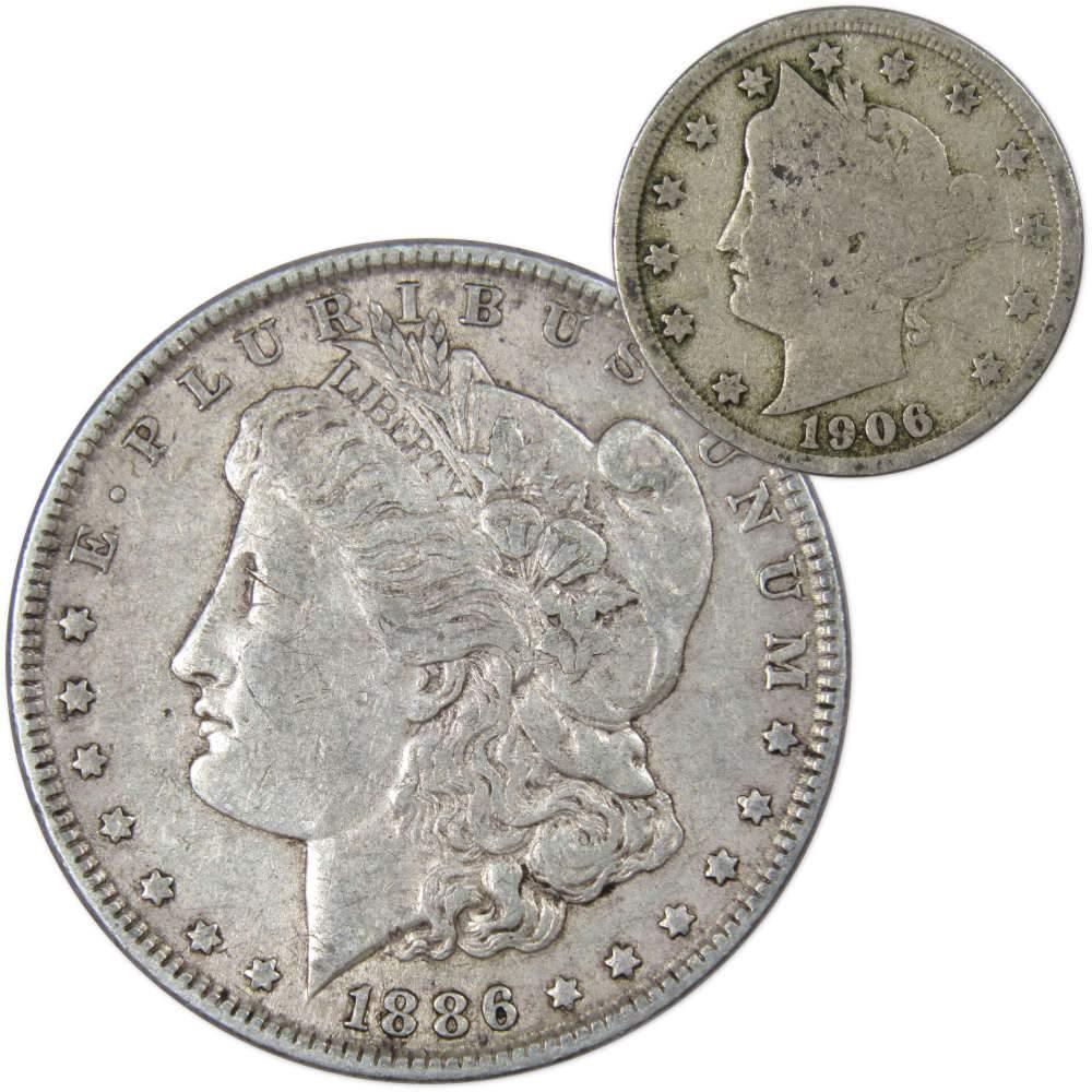 1886 Morgan Silver Dollar VF Very Fine with 1906 Liberty Nickel Good - Morgan coin - Morgan silver dollar - Morgan silver dollar for sale - Profile Coins & Collectibles