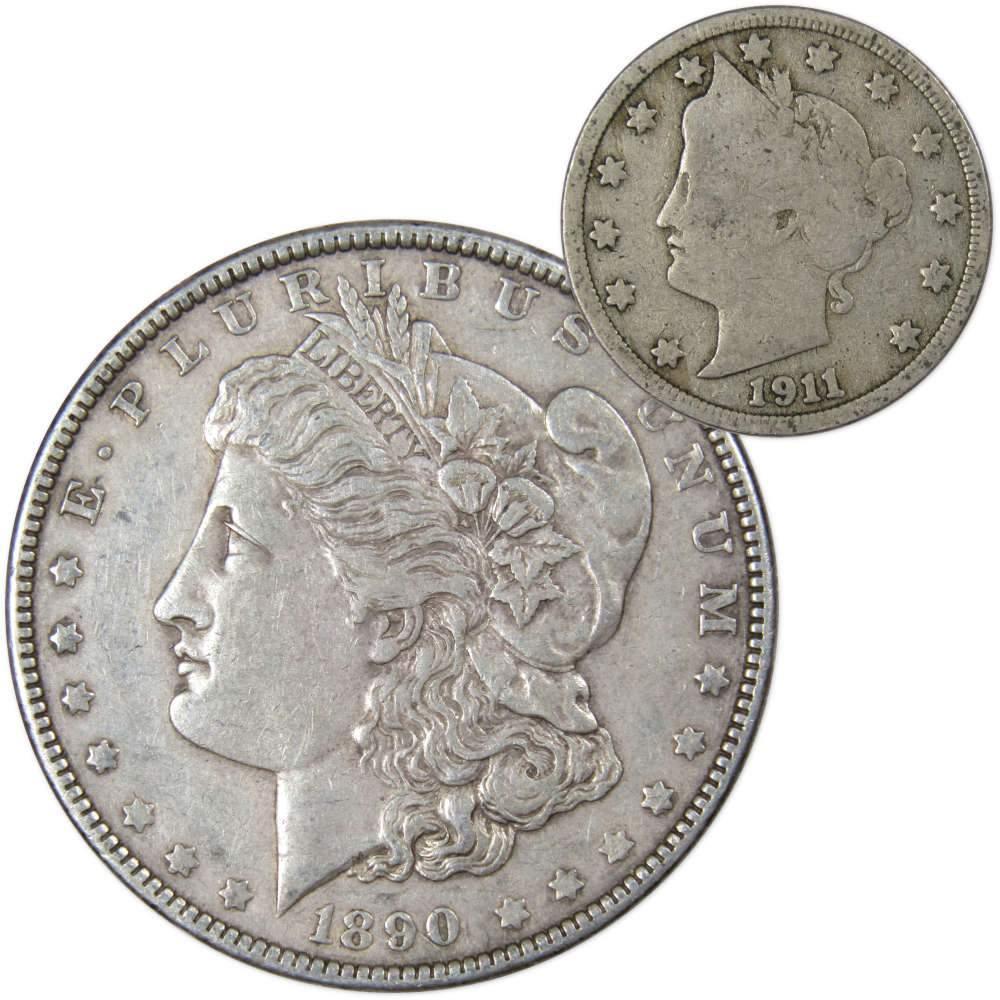 1890 Morgan Silver Dollar VF Very Fine with 1911 Liberty Nickel Good - Morgan coin - Morgan silver dollar - Morgan silver dollar for sale - Profile Coins & Collectibles