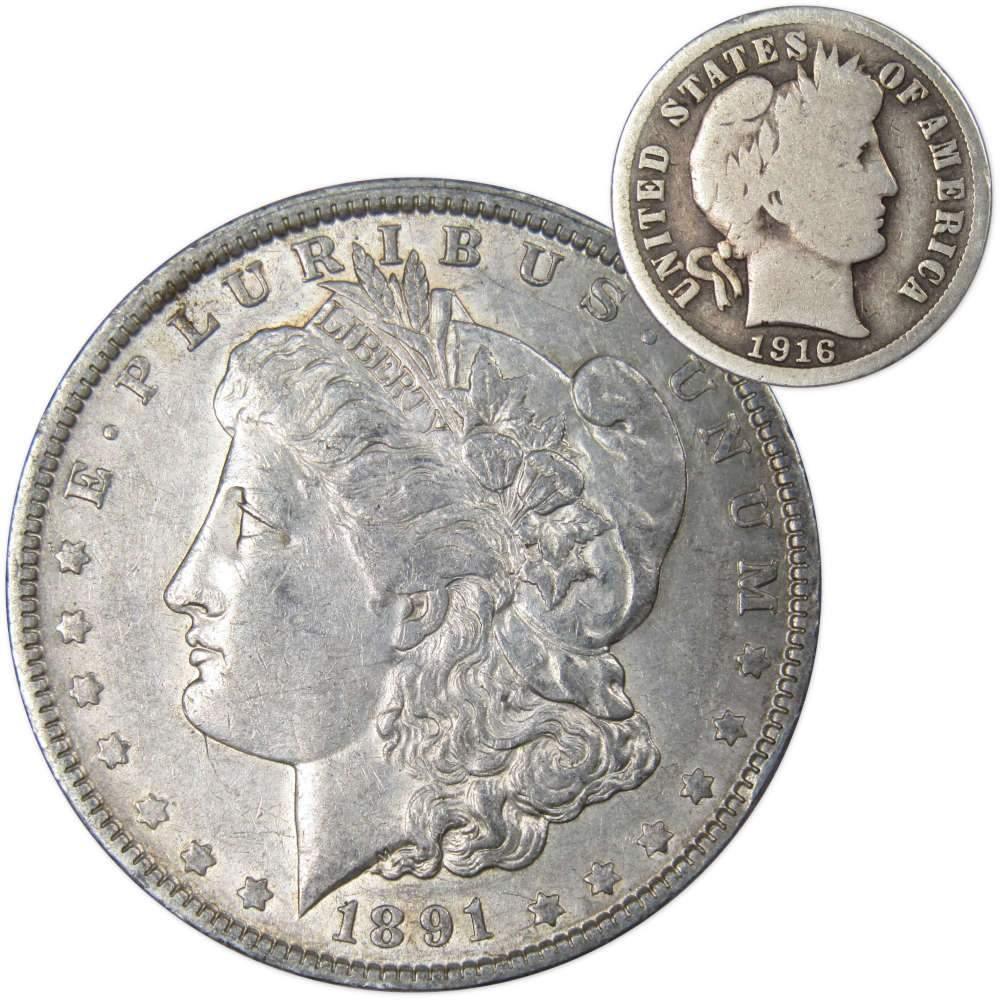 1891 O Morgan Dollar XF EF Extremely Fine with 1916 Barber Dime G Good - Morgan coin - Morgan silver dollar - Morgan silver dollar for sale - Profile Coins & Collectibles