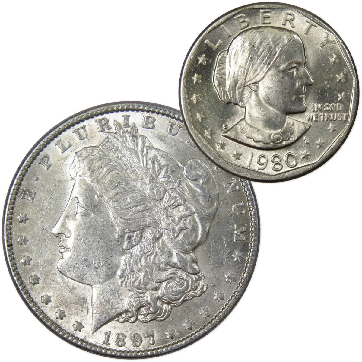 1897 Morgan Silver Dollar AU About Uncirculated with 1980 SBA $1 Unc - Morgan coin - Morgan silver dollar - Morgan silver dollar for sale - Profile Coins & Collectibles
