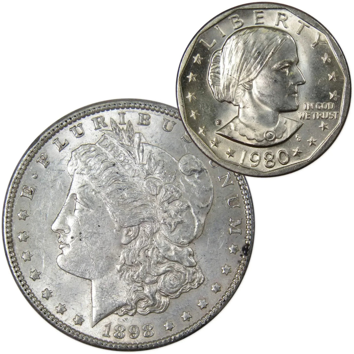 1898 Morgan Silver Dollar AU About Uncirculated with 1980 SBA $1 Unc - Morgan coin - Morgan silver dollar - Morgan silver dollar for sale - Profile Coins & Collectibles