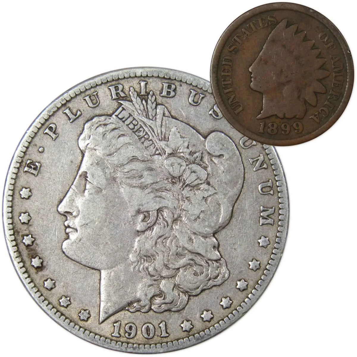 1901 O Morgan Silver Dollar F Fine with 1899 Indian Head Cent Good - Morgan coin - Morgan silver dollar - Morgan silver dollar for sale - Profile Coins & Collectibles