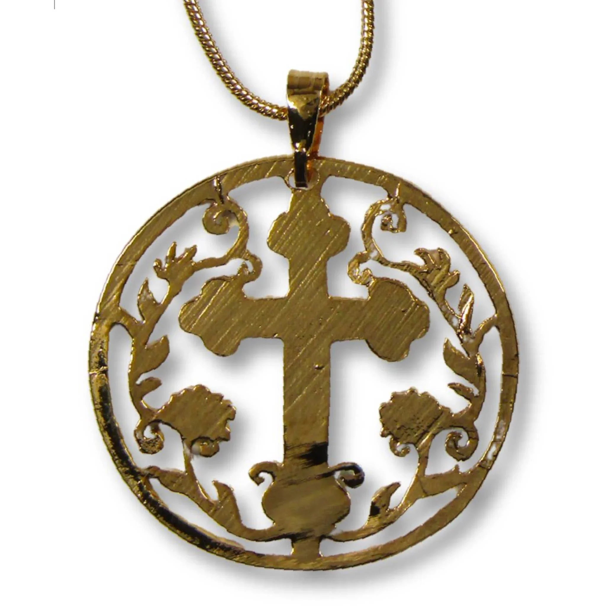 Cross with Flowers Cut Coin Necklace with Gold-Plated Chain