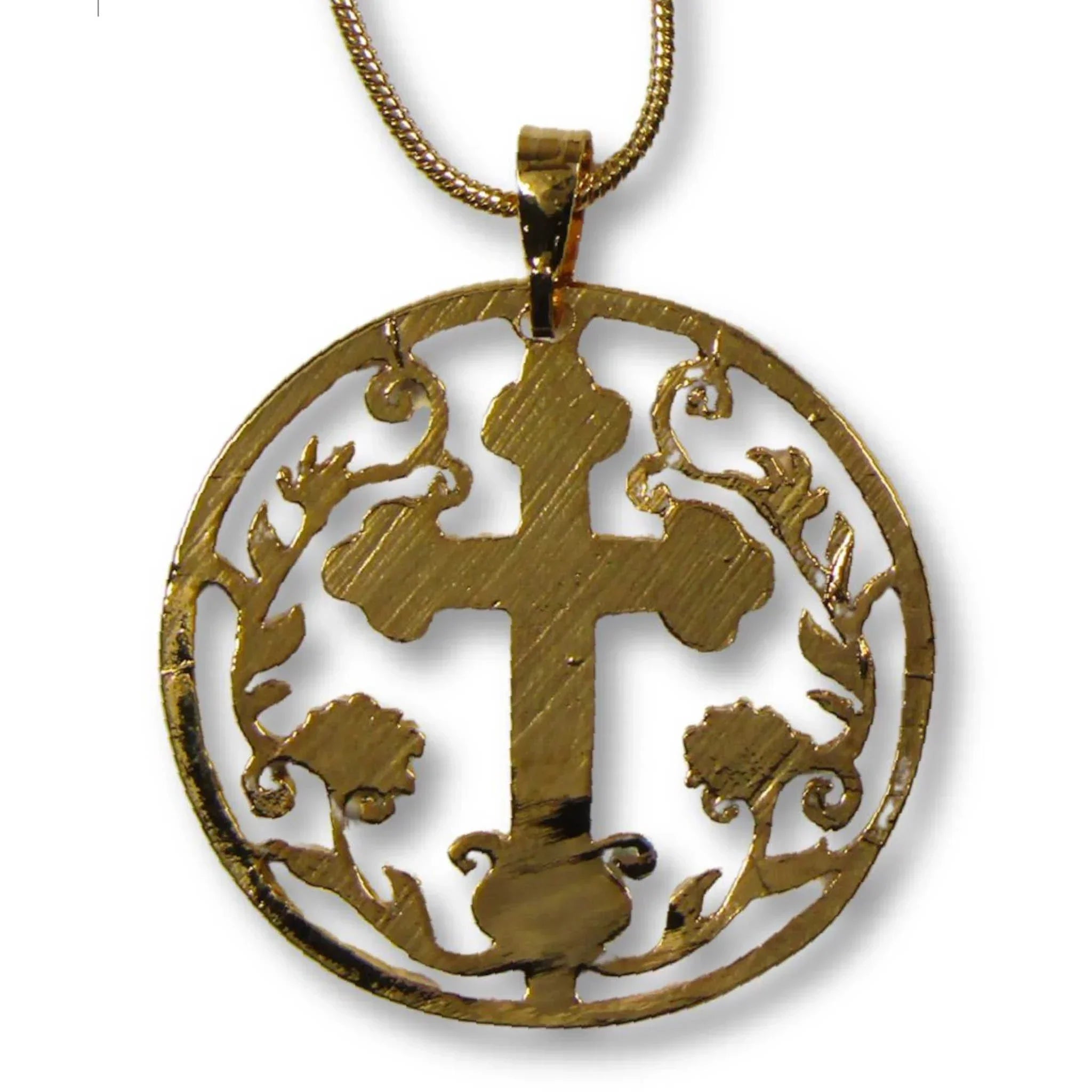 Cross with Flowers Cut Coin Necklace with Gold-Plated Chain