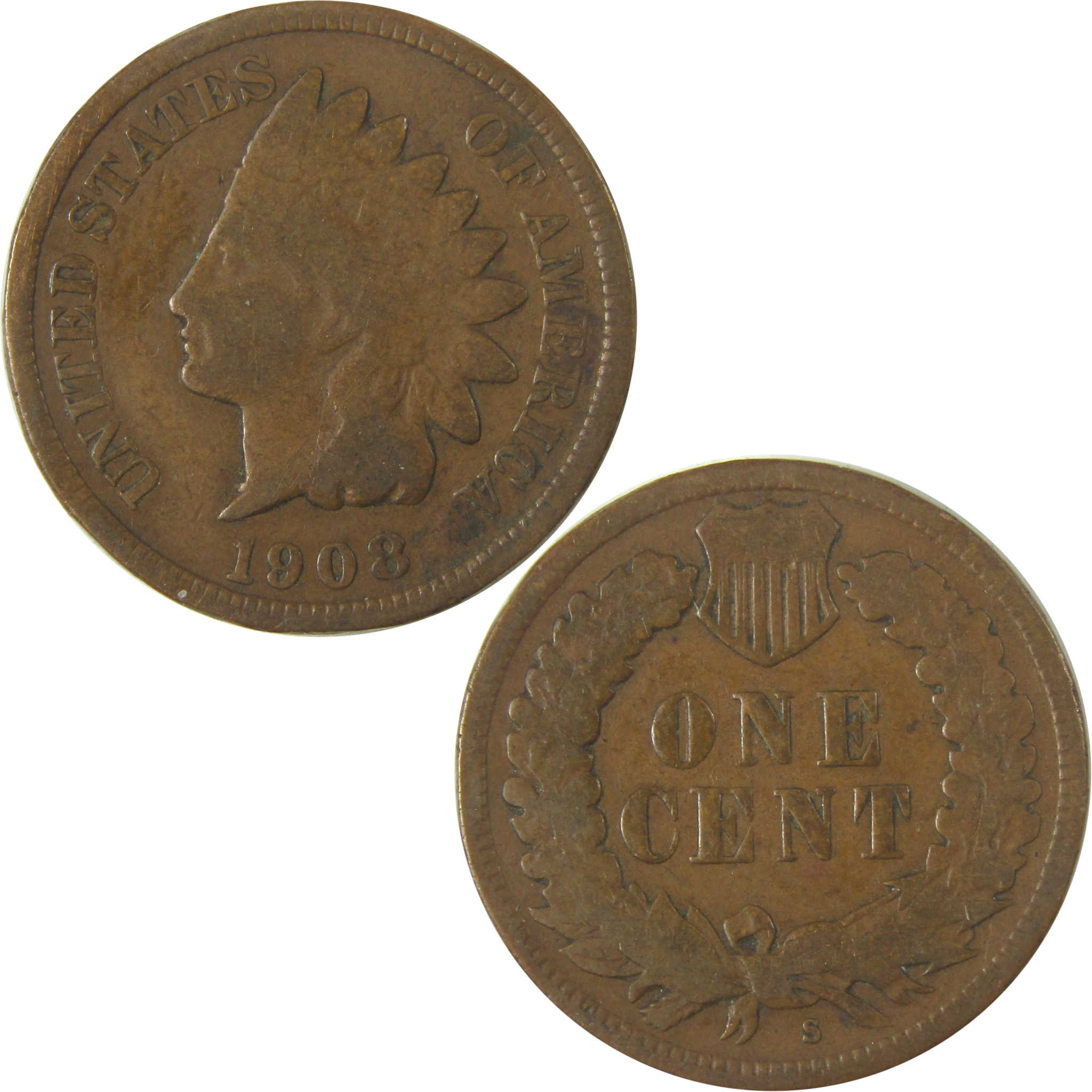 1908 S Indian Head Cent G Good Details Penny 1c Coin SKU:CPC0475