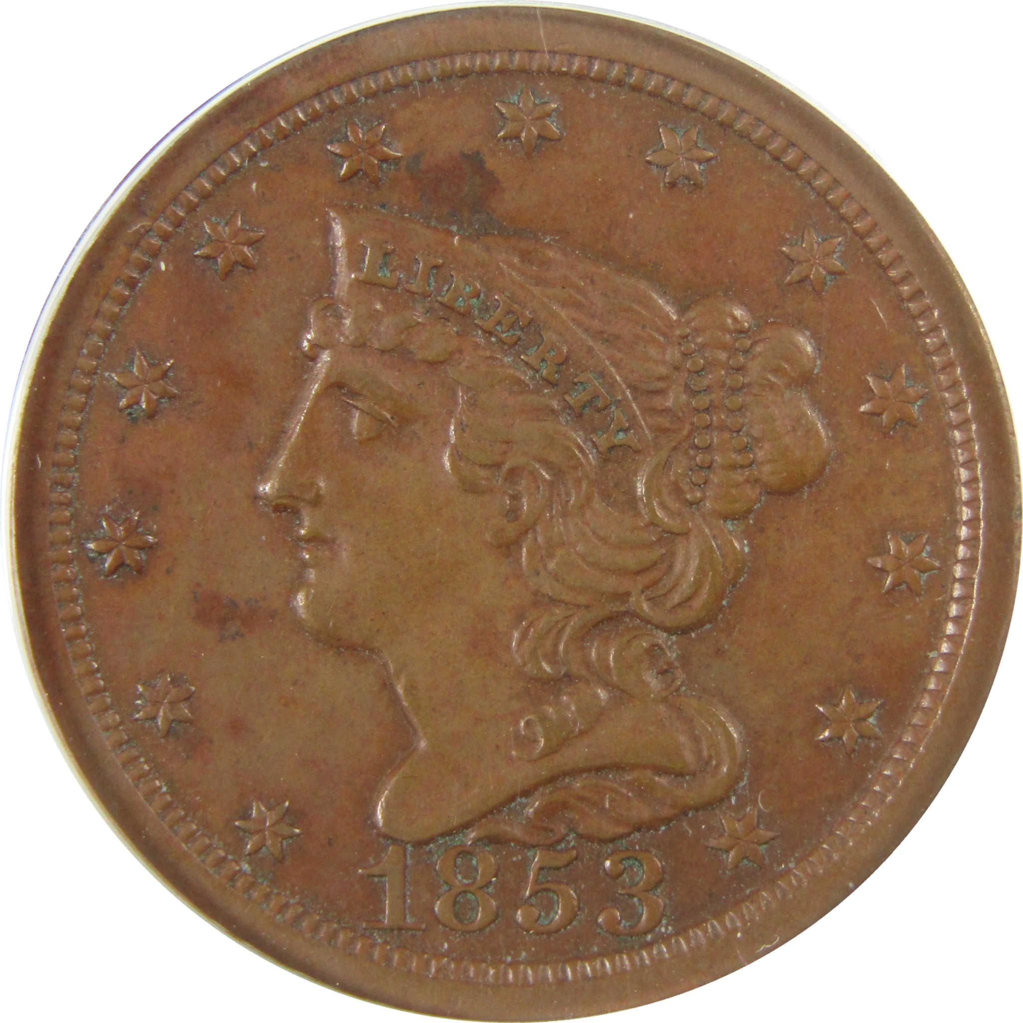 1853 Braided Hair Copper Half Cent AU 53 Details ANACS SKU:I28028