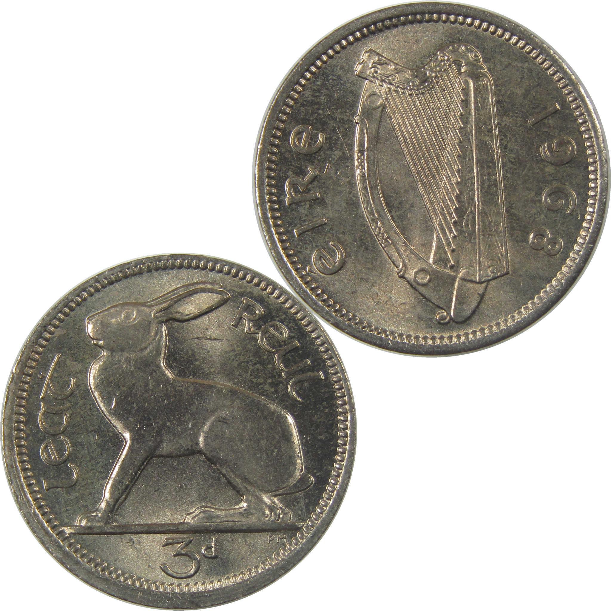 1968 Ireland 3 Pence Uncirculated Coin with Hare and Harp Design
