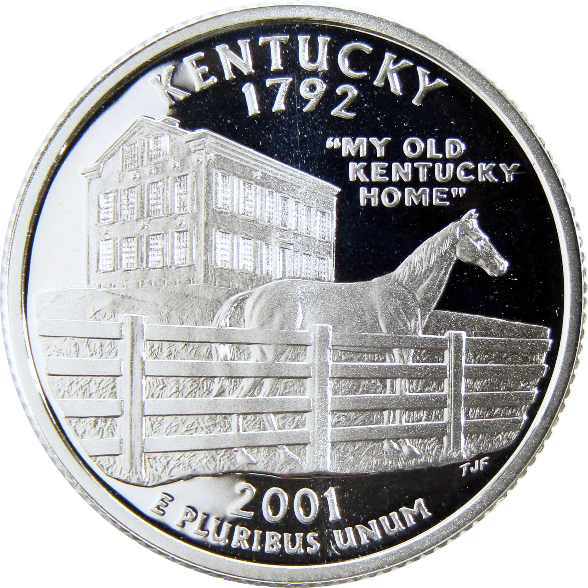 2001 Kentucky state quarter featuring a horse, fence, and historic house collectible coin