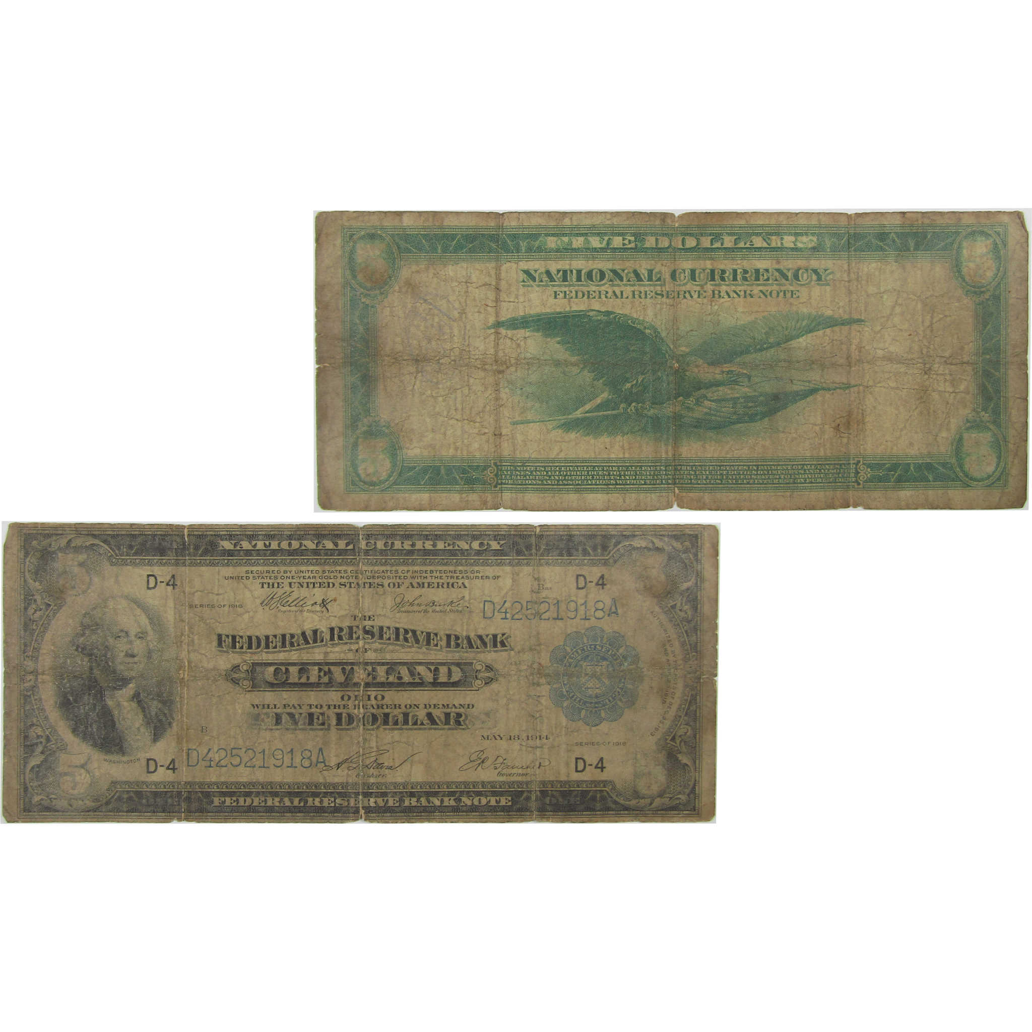 1918 $5 Federal Reserve Bank Note Cleveland OH Good SKU:I23178