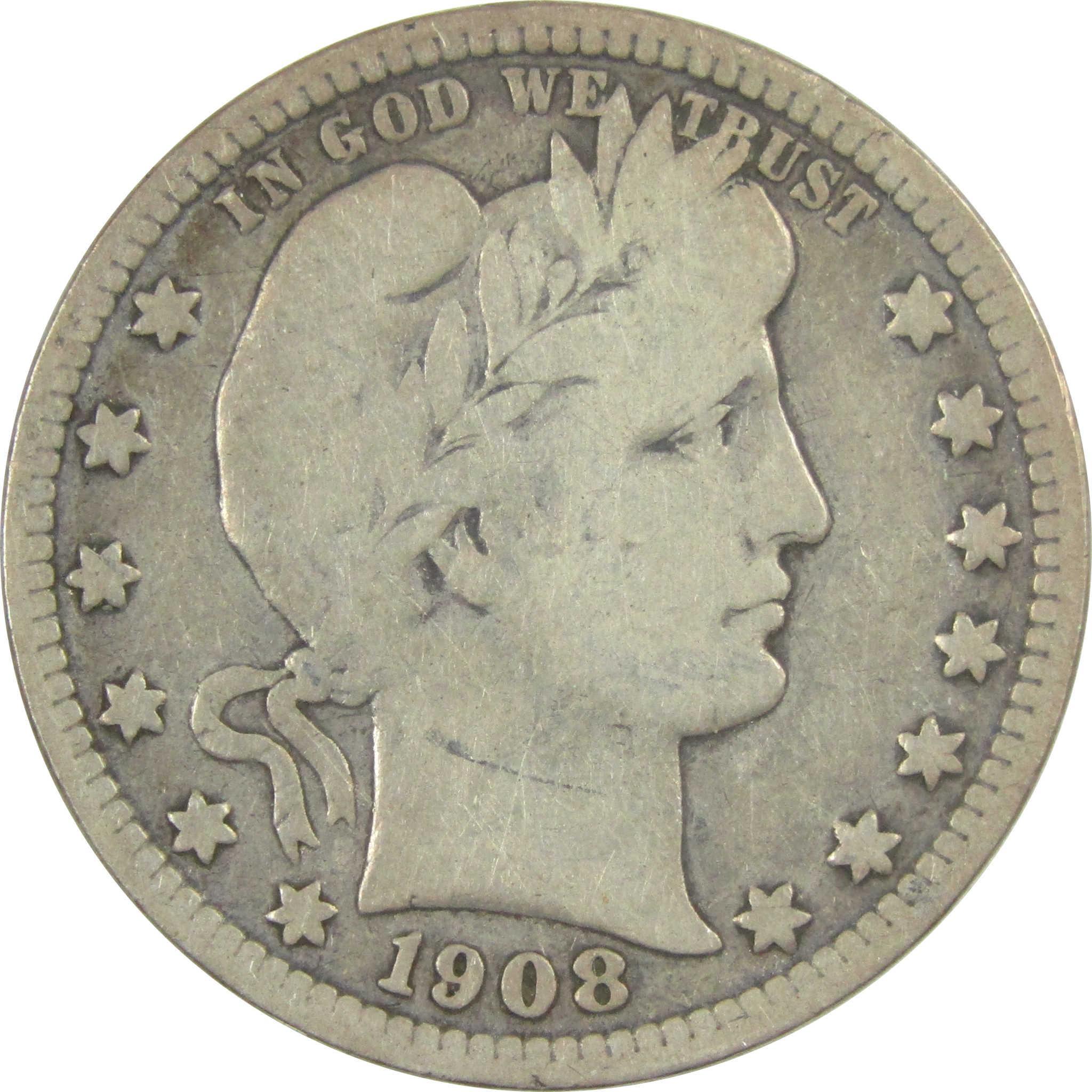 1908 S Barber Silver Quarter VG Very Good 25c Coin SKU:I24974