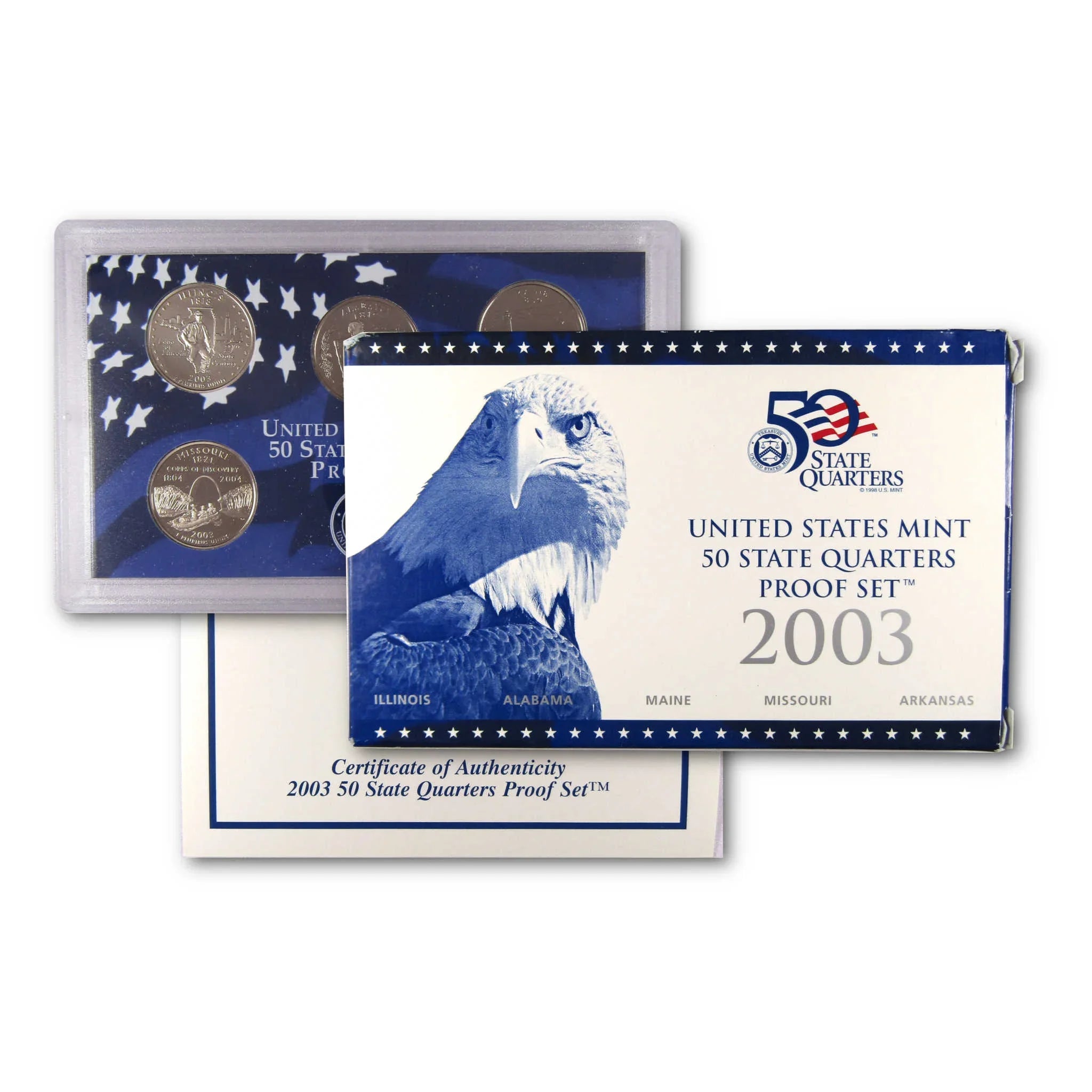 2003 US Mint 50 State Quarters Proof Set with display case and certificate of authenticity