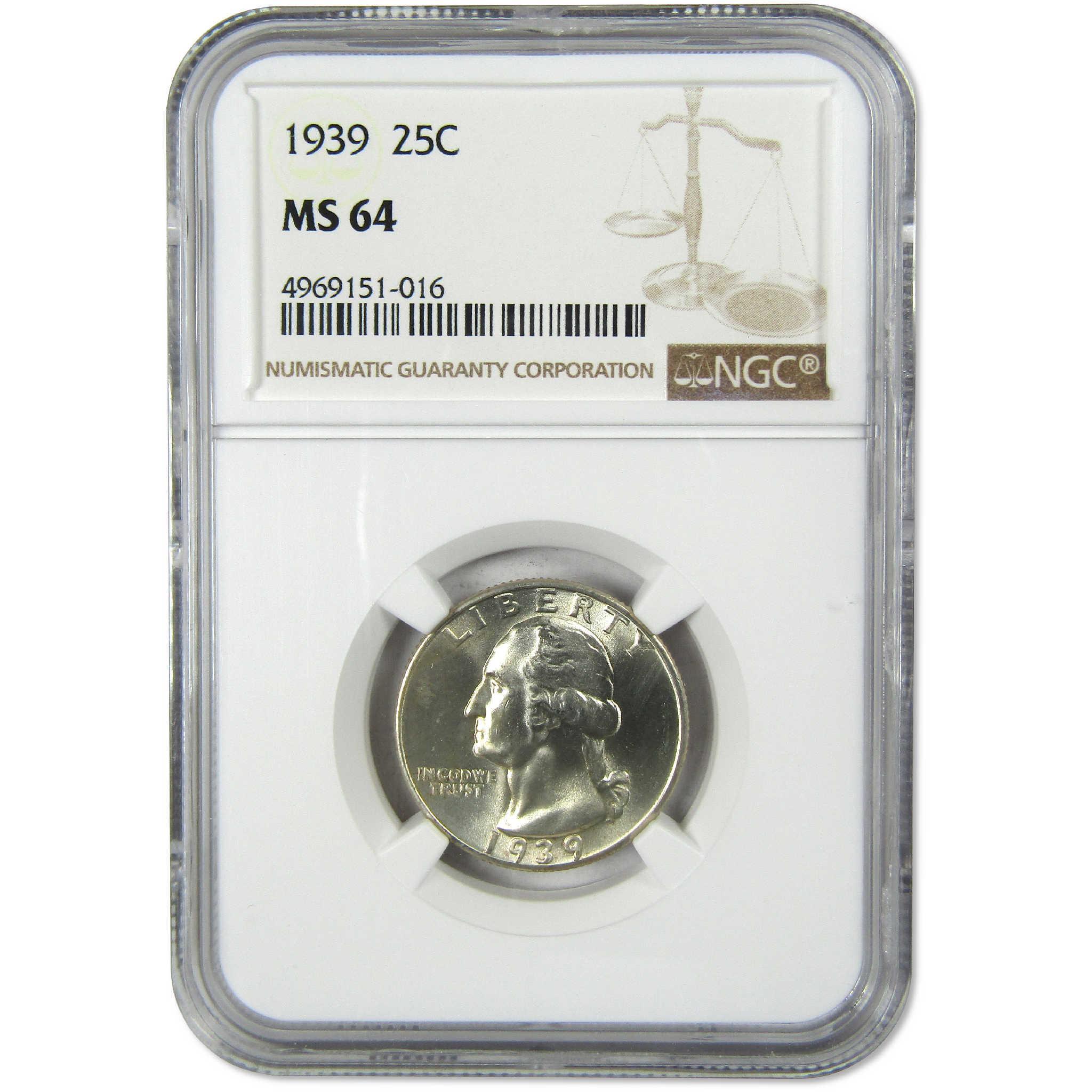 1939 Washington Silver Quarter MS 64 NGC Uncirculated 25c Coin