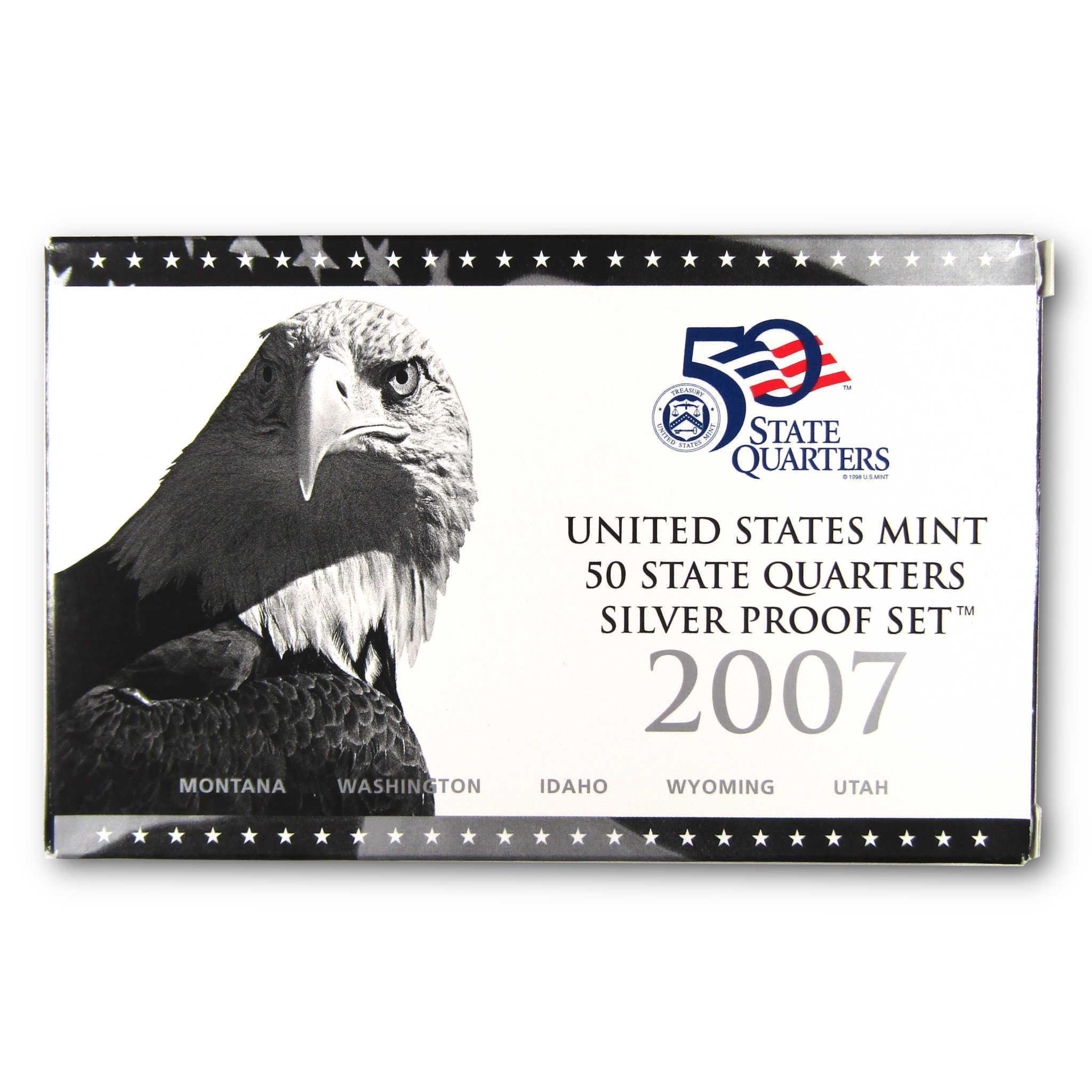 2007 United States Mint 50 State Quarters Silver Proof Set box with eagle design