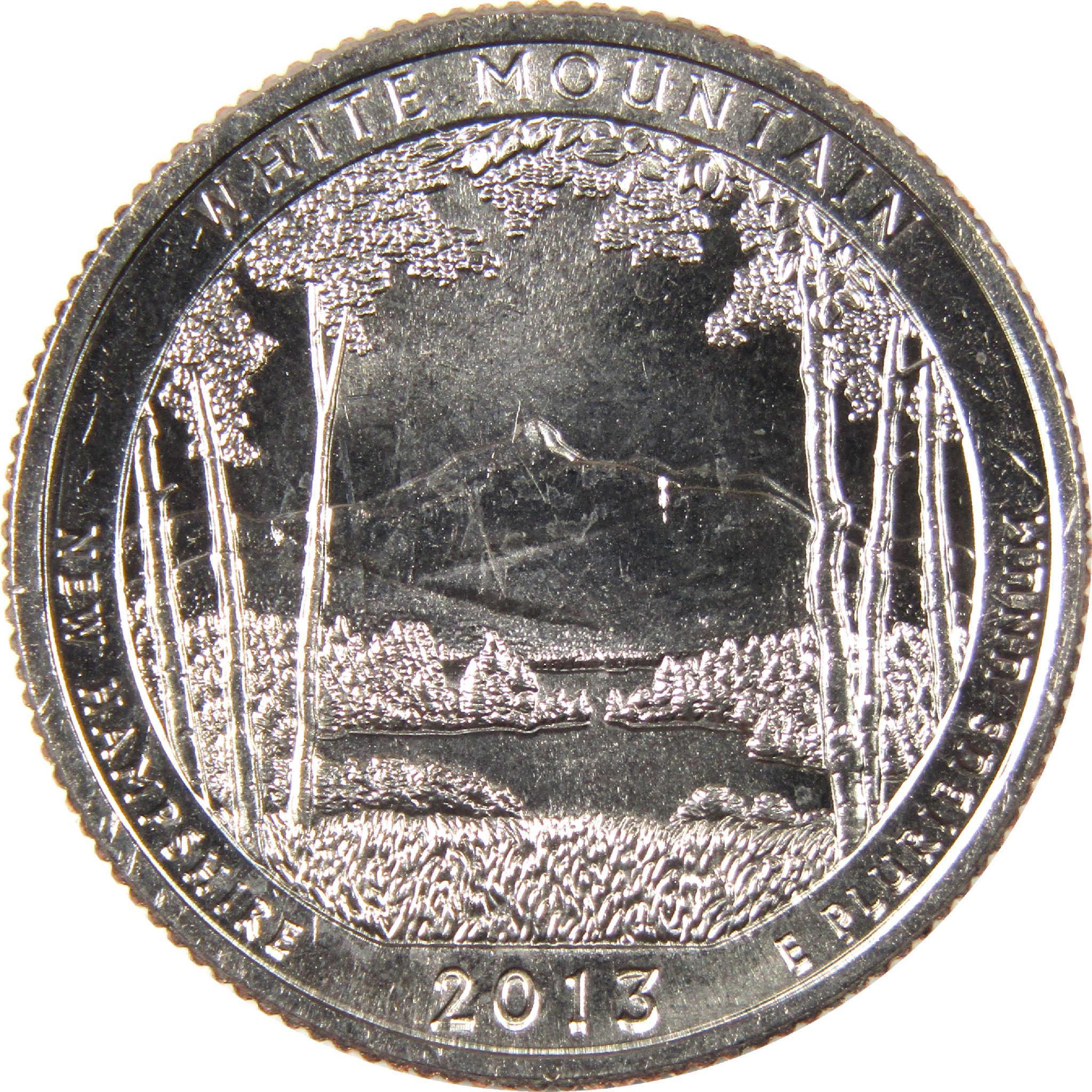 2013 White Mountain New Hampshire quarter collectible coin with forest and mountain design