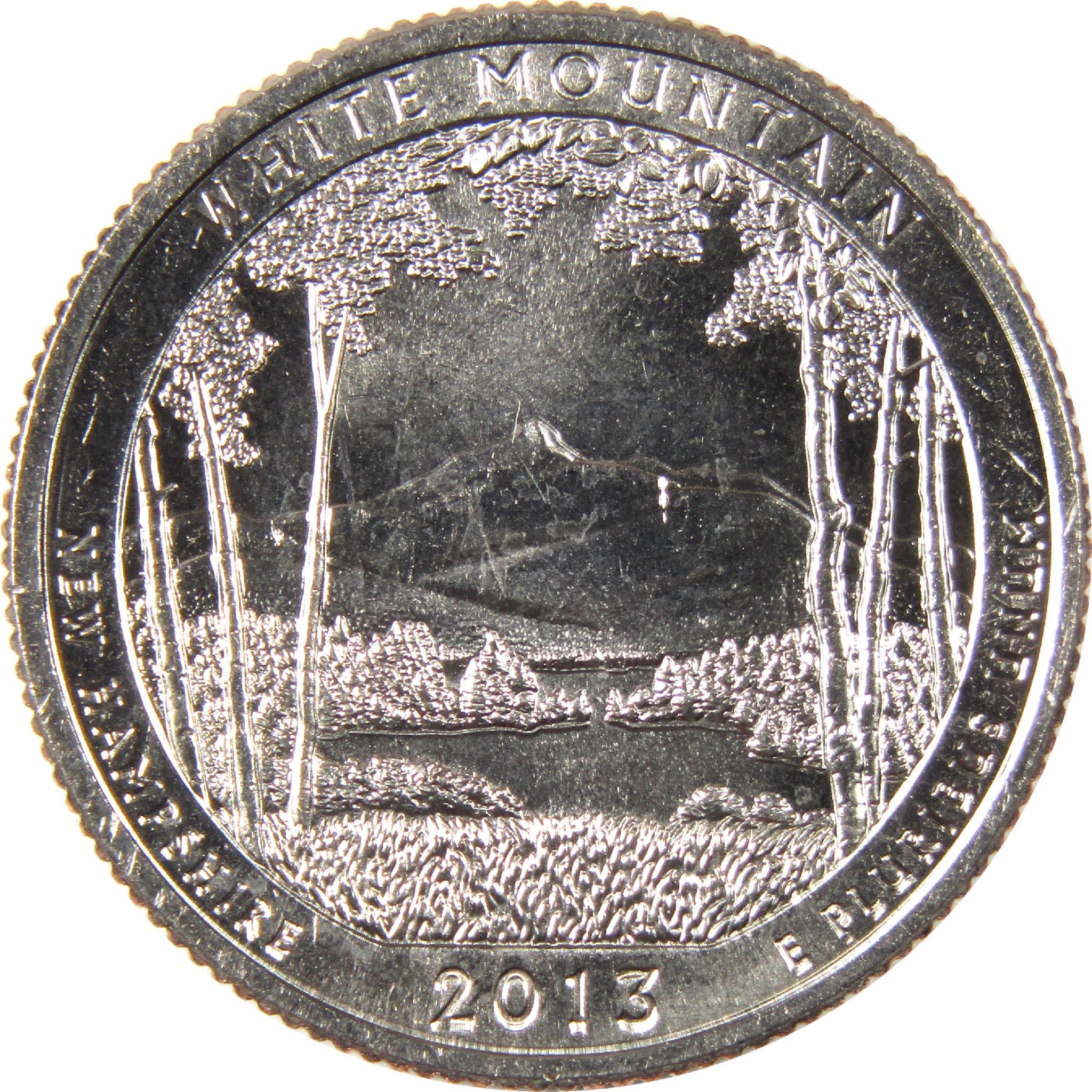 2013 White Mountain New Hampshire quarter collectible coin with forest and mountain design