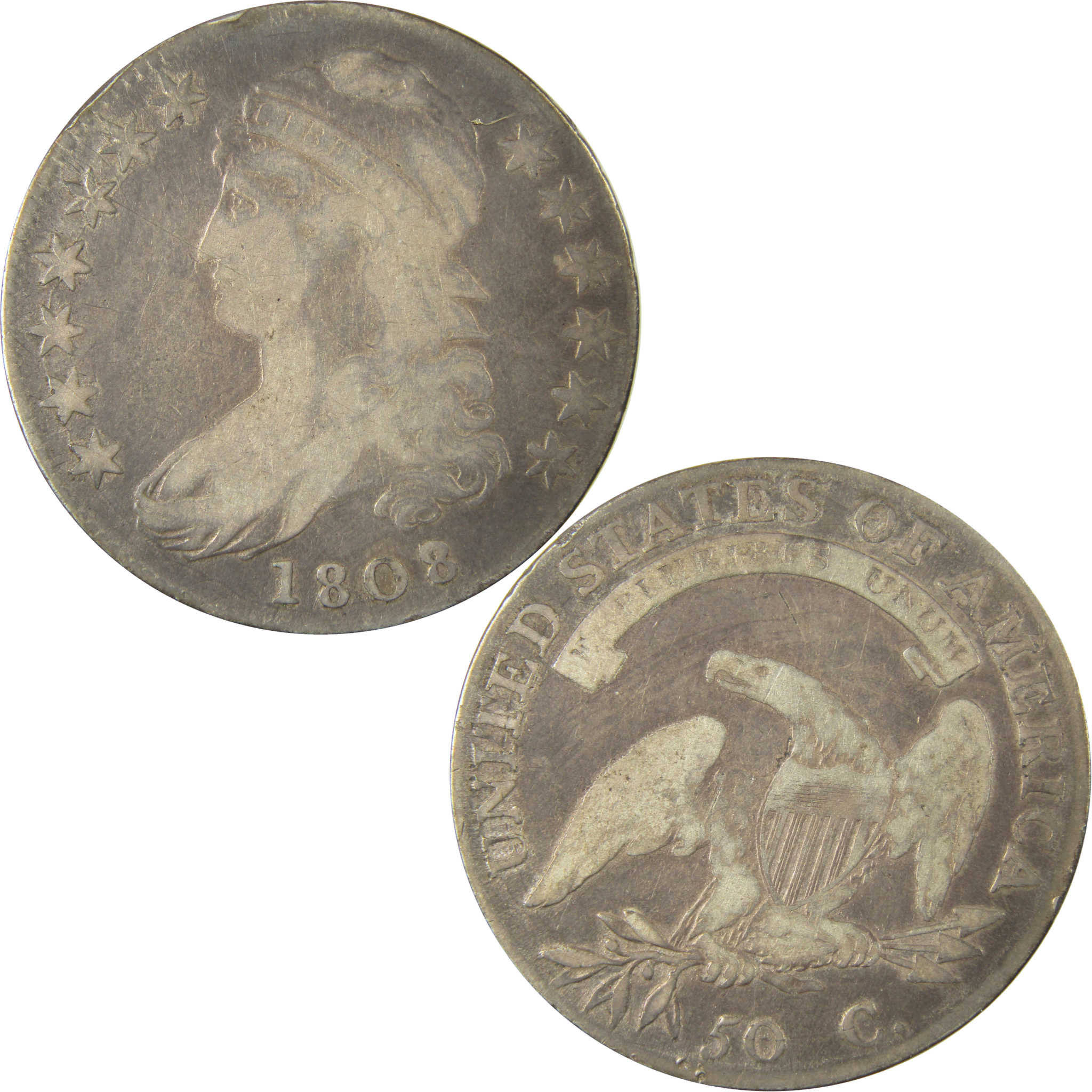 1808/7 Capped Bust Silver 50c VG Very Good Details SKU:CP1501