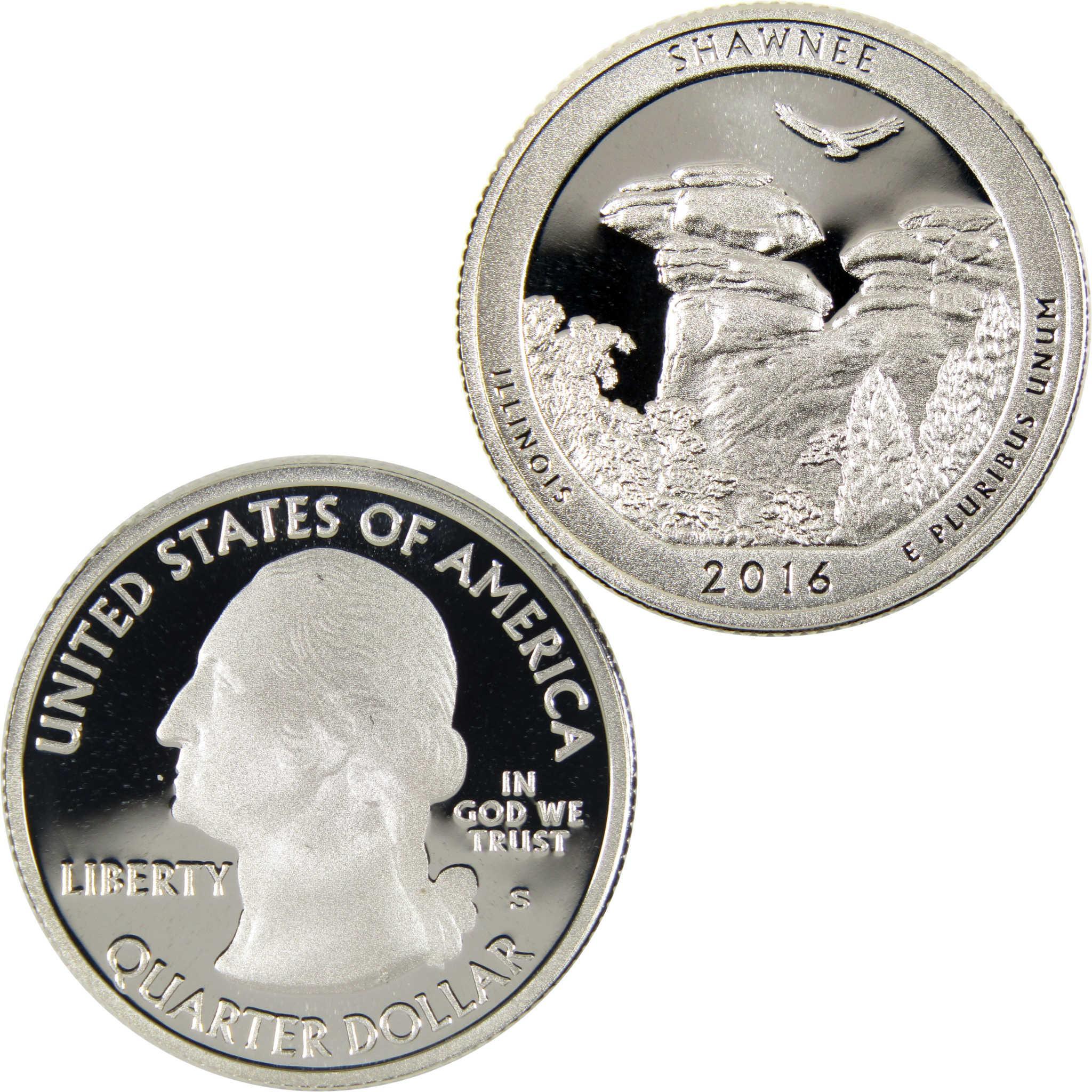 2016 Shawnee Illinois quarter dollar collectible coin, featuring George Washington and Shawnee National Forest design.