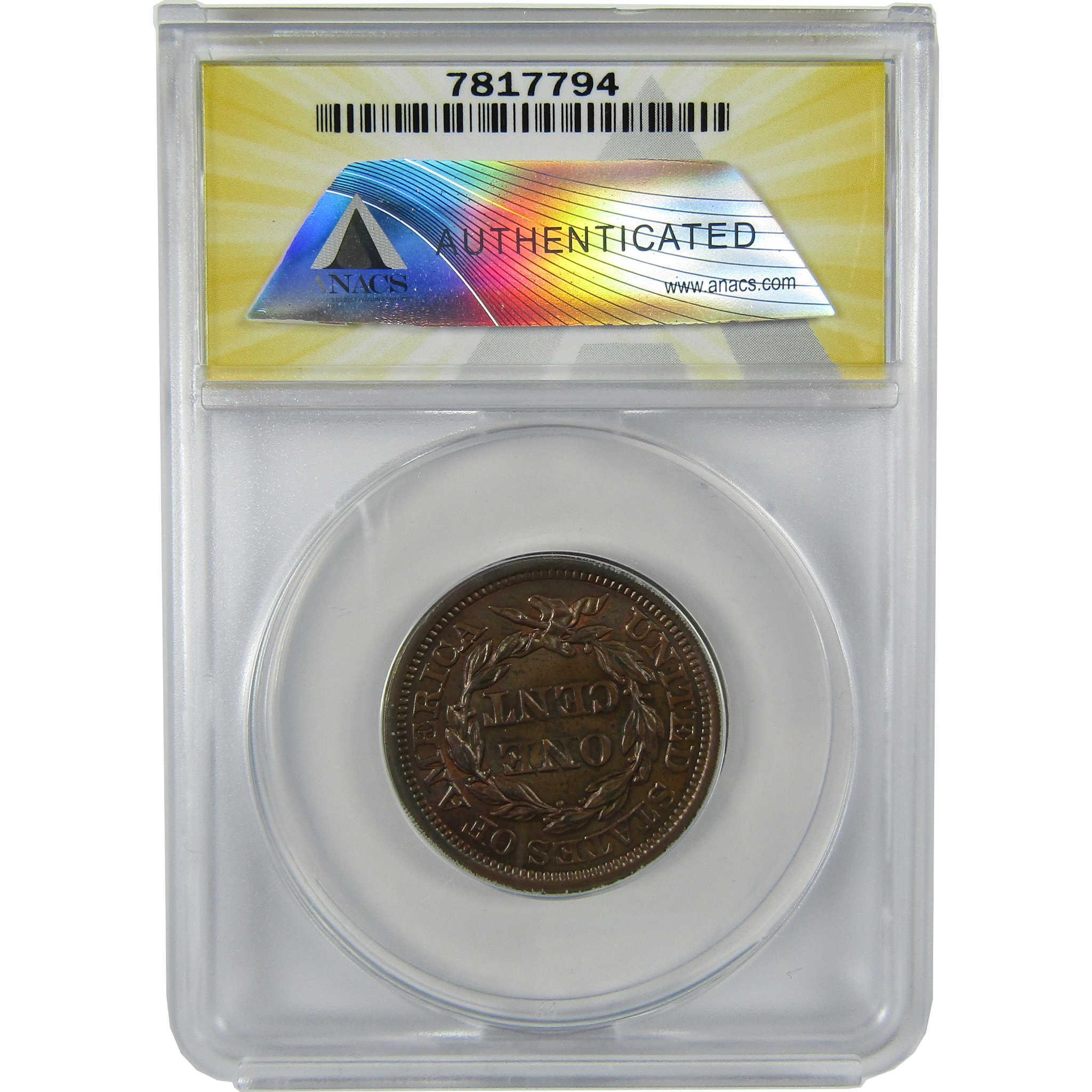 1855 Slanting 5's N-9 Braided Hair Cent AU 50 Details ANACS SKU:CP788