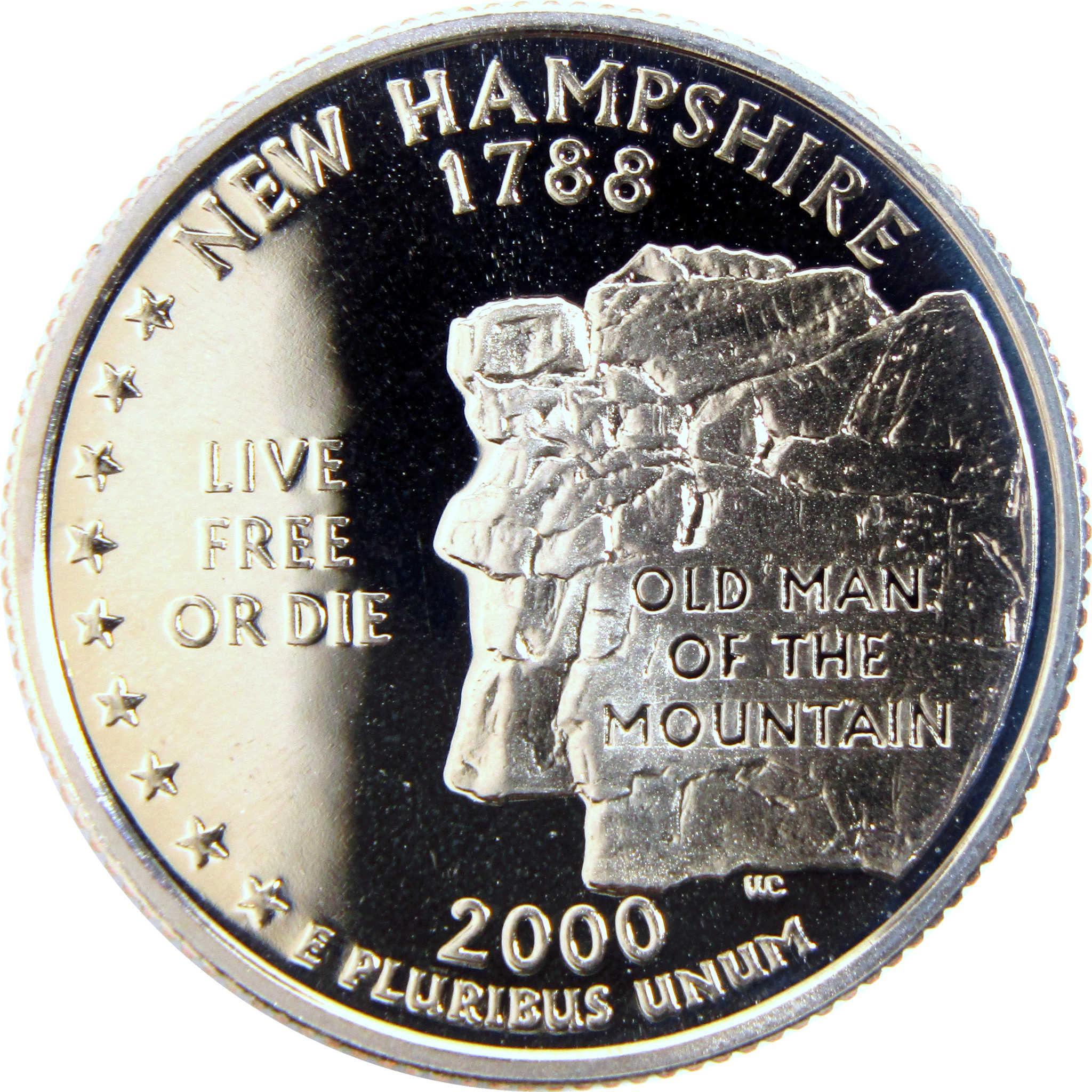 New Hampshire 2000 state quarter coin featuring Old Man of the Mountain engraving