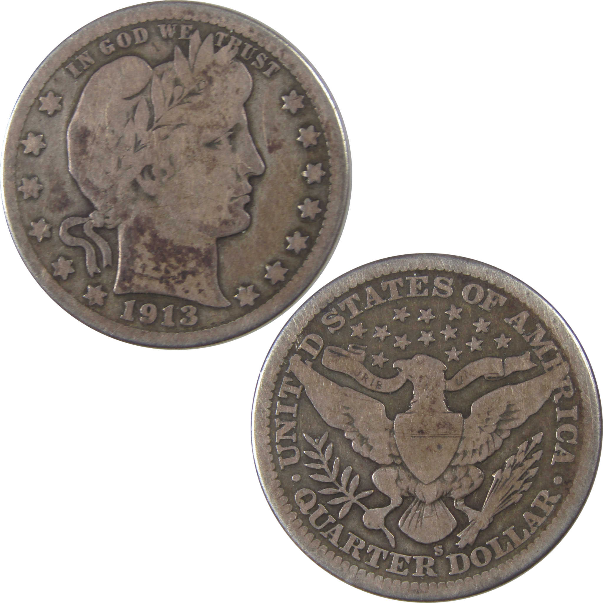 1913 S Barber Quarter VG Very Good Silver 25c Coin SKU:I18007