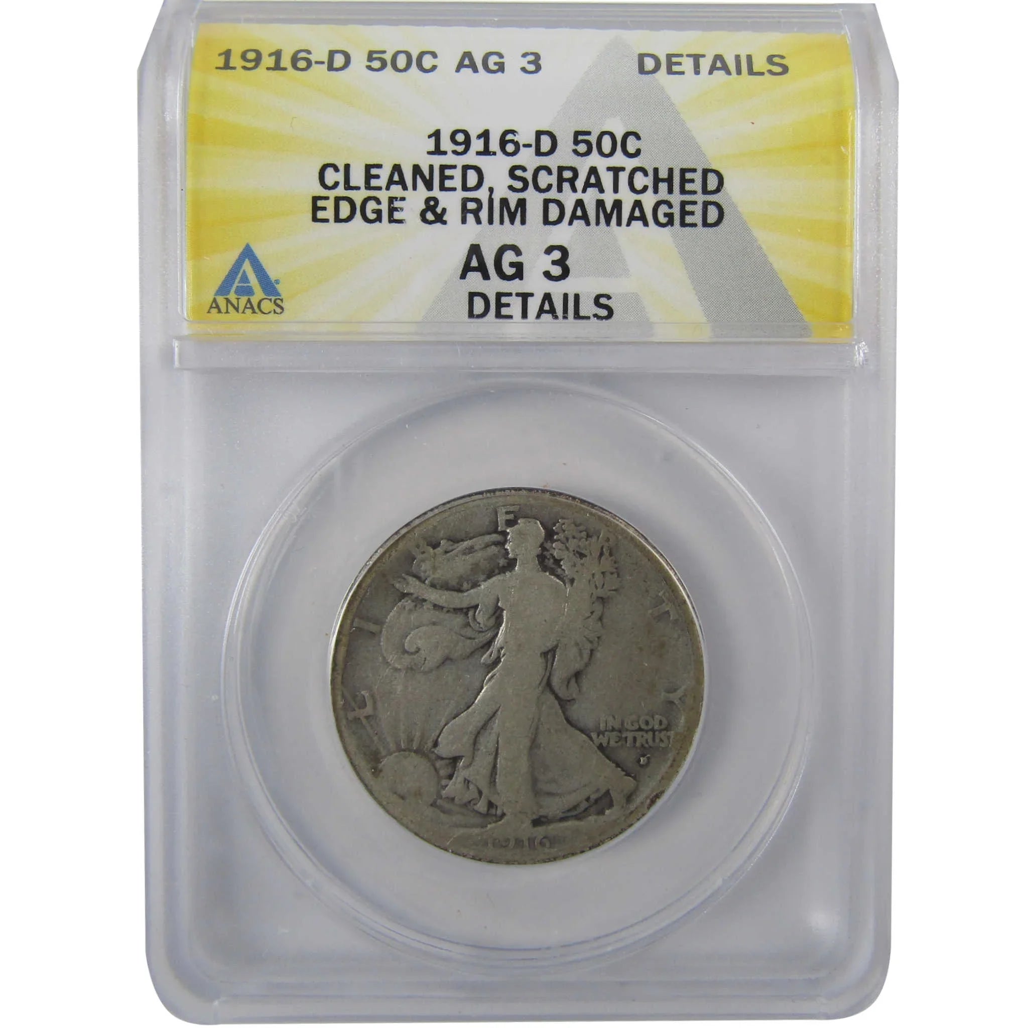 1916 D Liberty Walking Silver Half Dollar AG 3 Detail ANACS SKU:I25475
