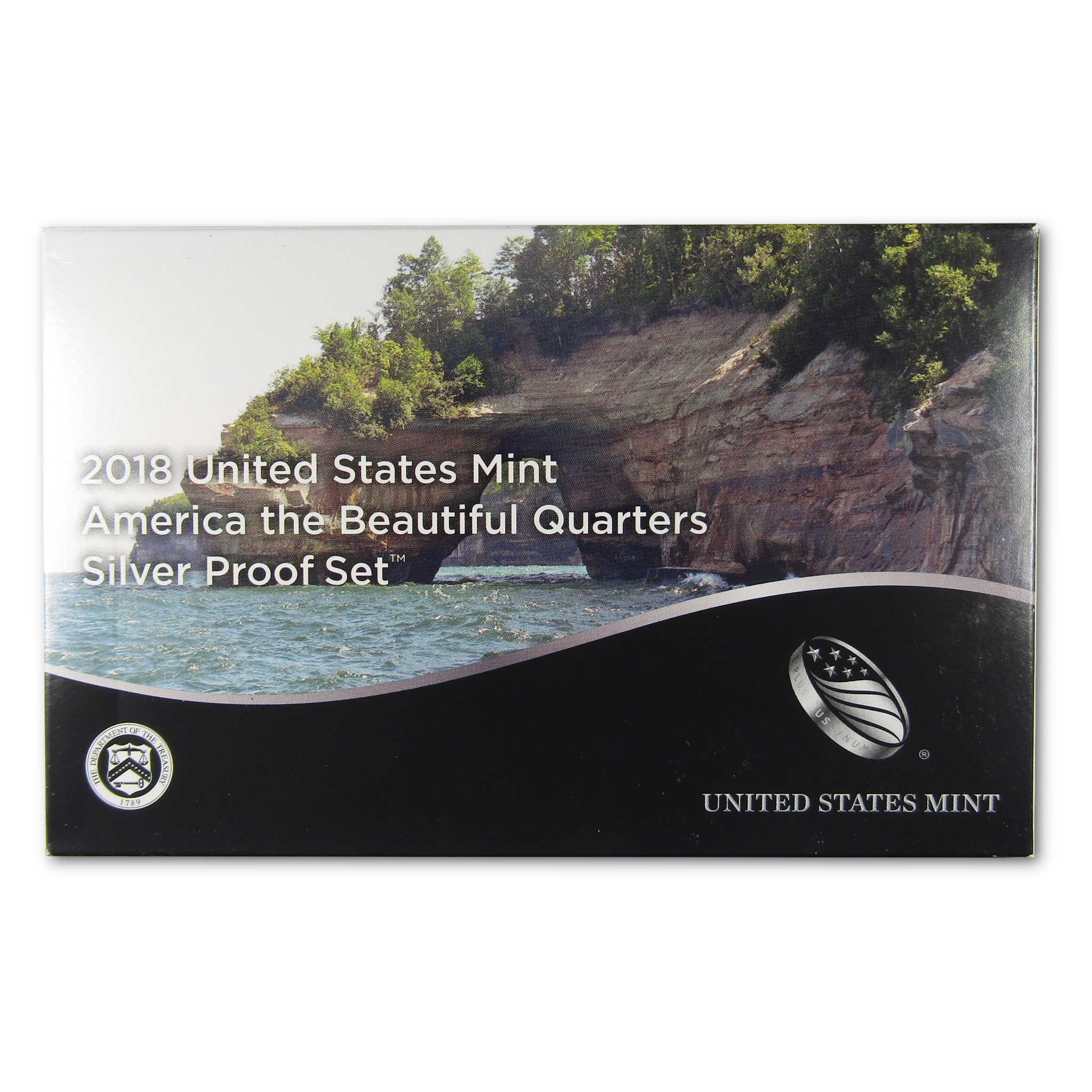 2018 United States Mint America the Beautiful Quarters Silver Proof Set box with scenic background