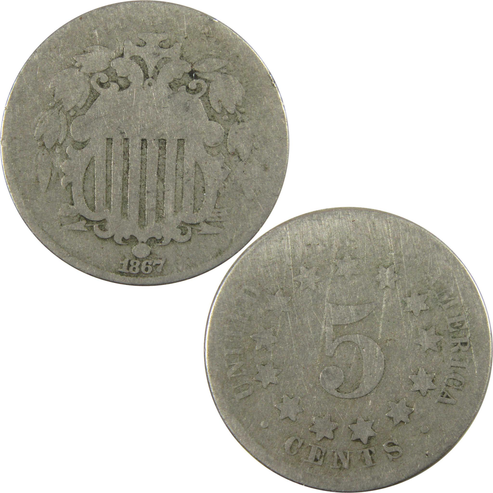 1867 No Rays Shield Nickel AG About Good 5c Coin SKU:I28221