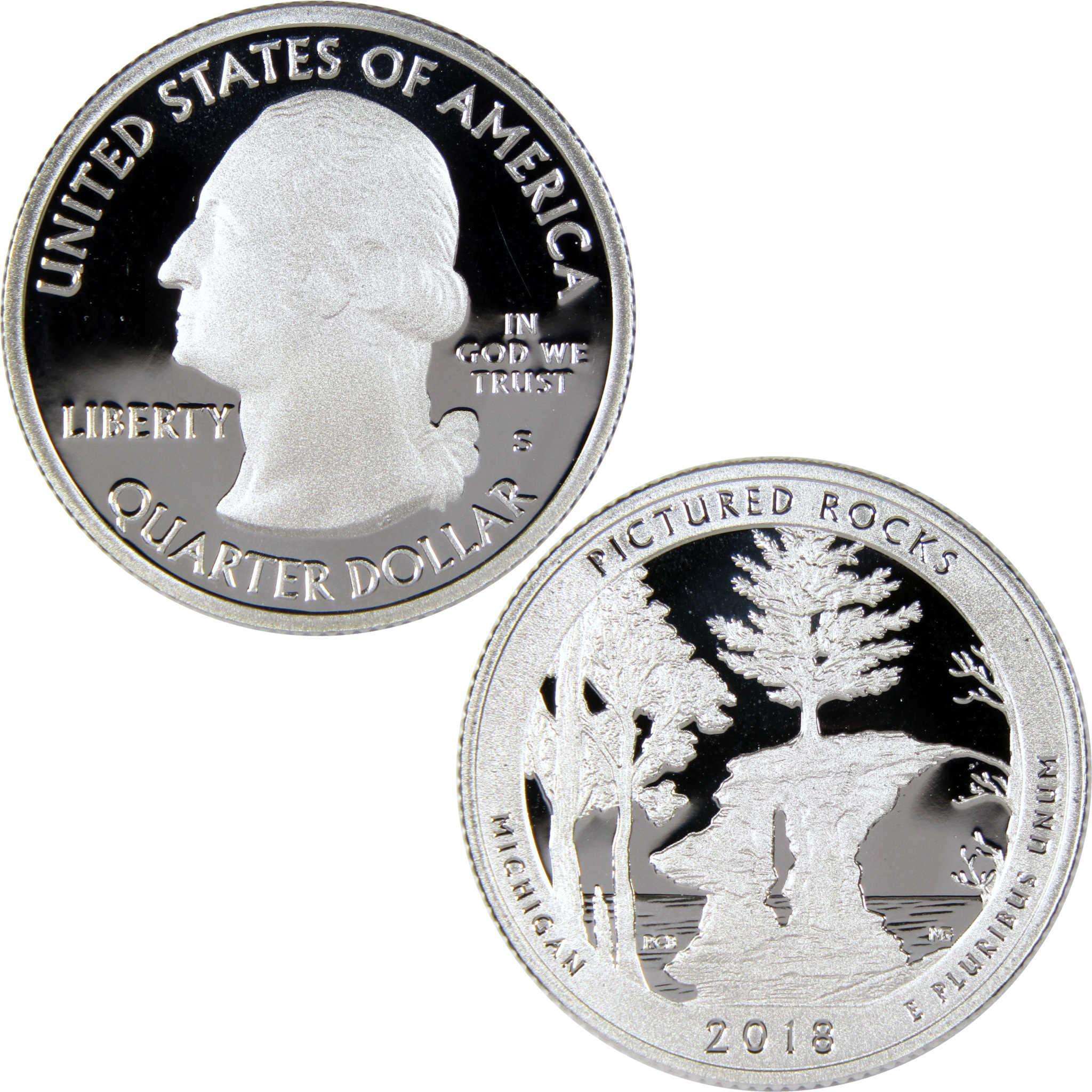 2018 Pictured Rocks Michigan quarter dollar coin, obverse with George Washington, reverse with scenic rock and trees.