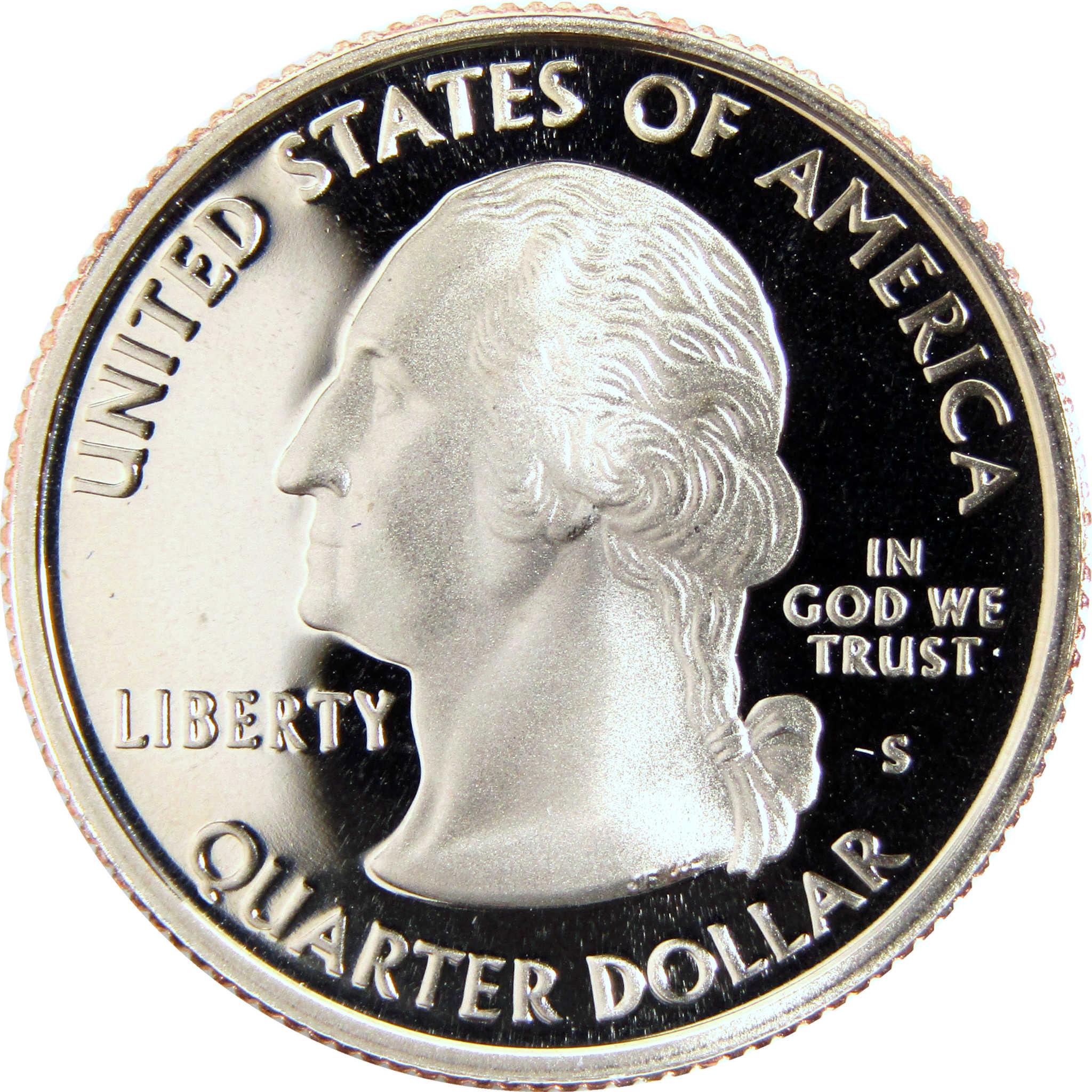 Proof Washington quarter dollar coin showing Liberty bust and United States of America text
