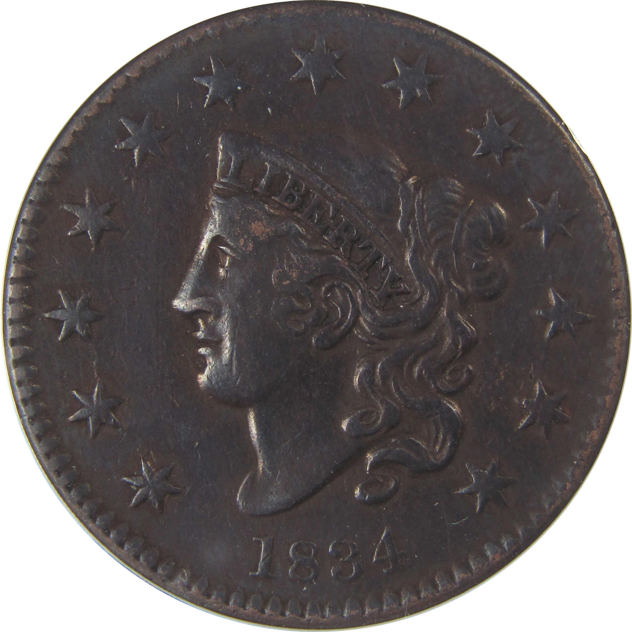 1834 Small 8 Large Stars Large Cent VF 30 Details ANACS SKU:CPC1141