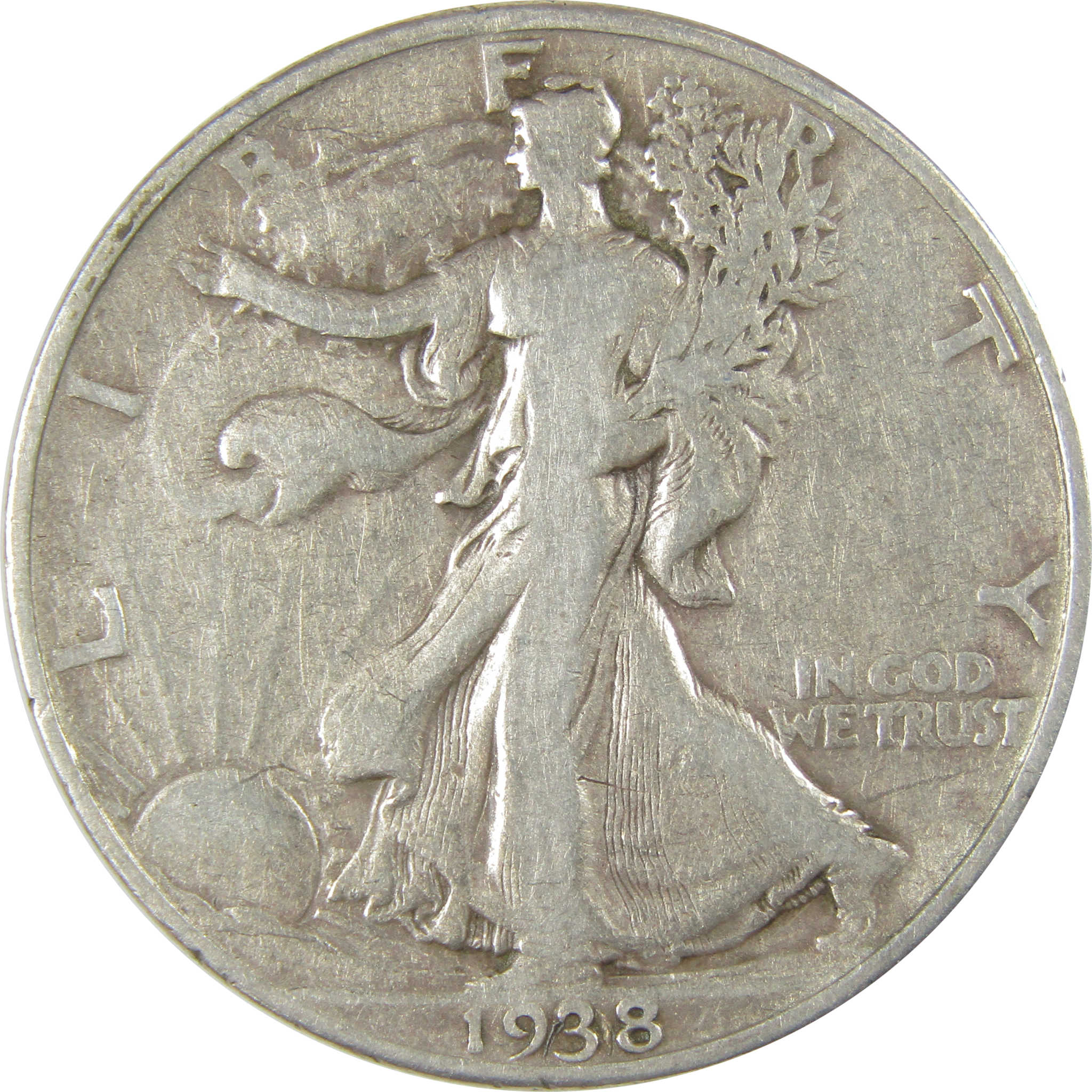 1938 D Liberty Walking Half Dollar F Fine Silver 50c Coin SKU:CP14