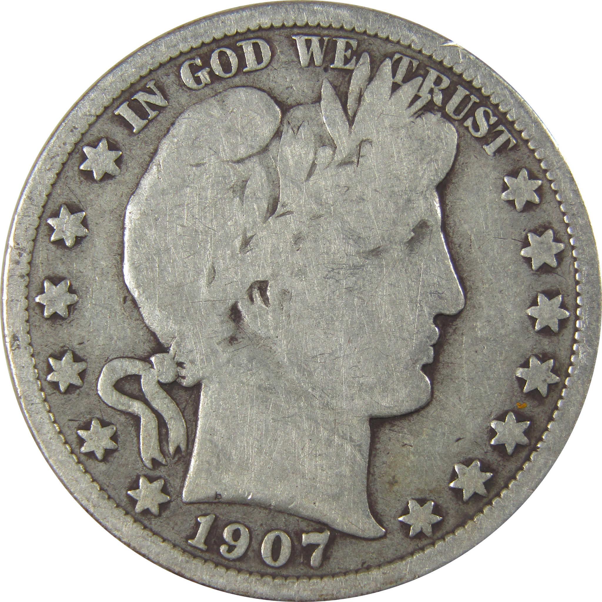 1907 S Barber Half Dollar VG Very Good Silver 50c Coin SKU:I22760