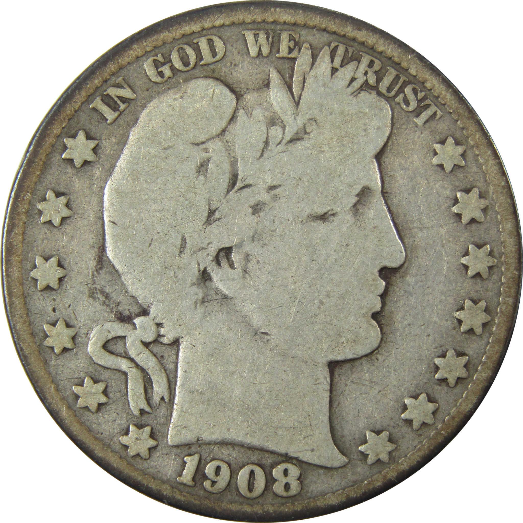 1908 S Barber Silver Half Dollar VG Very Good 50c CoinSKU:CP1476