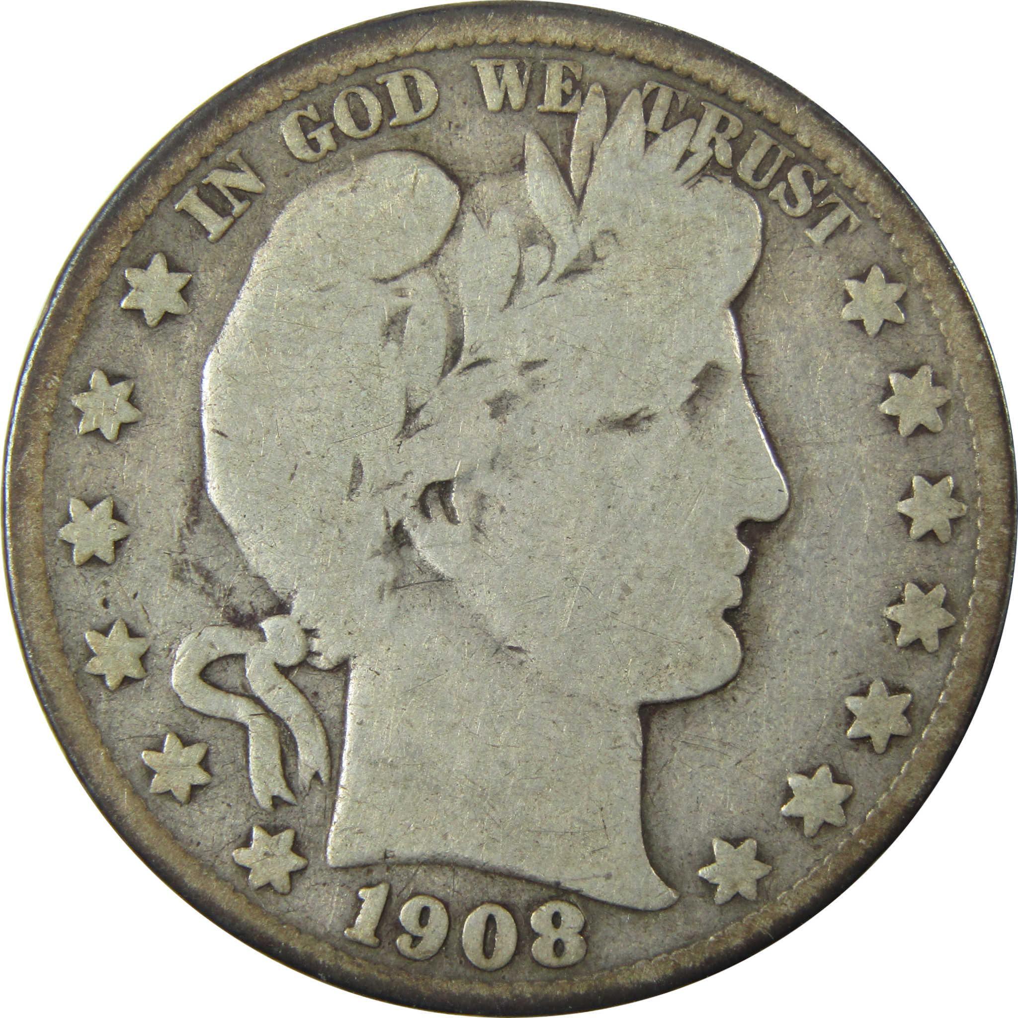 1908 S Barber Silver Half Dollar VG Very Good 50c CoinSKU:CP1476