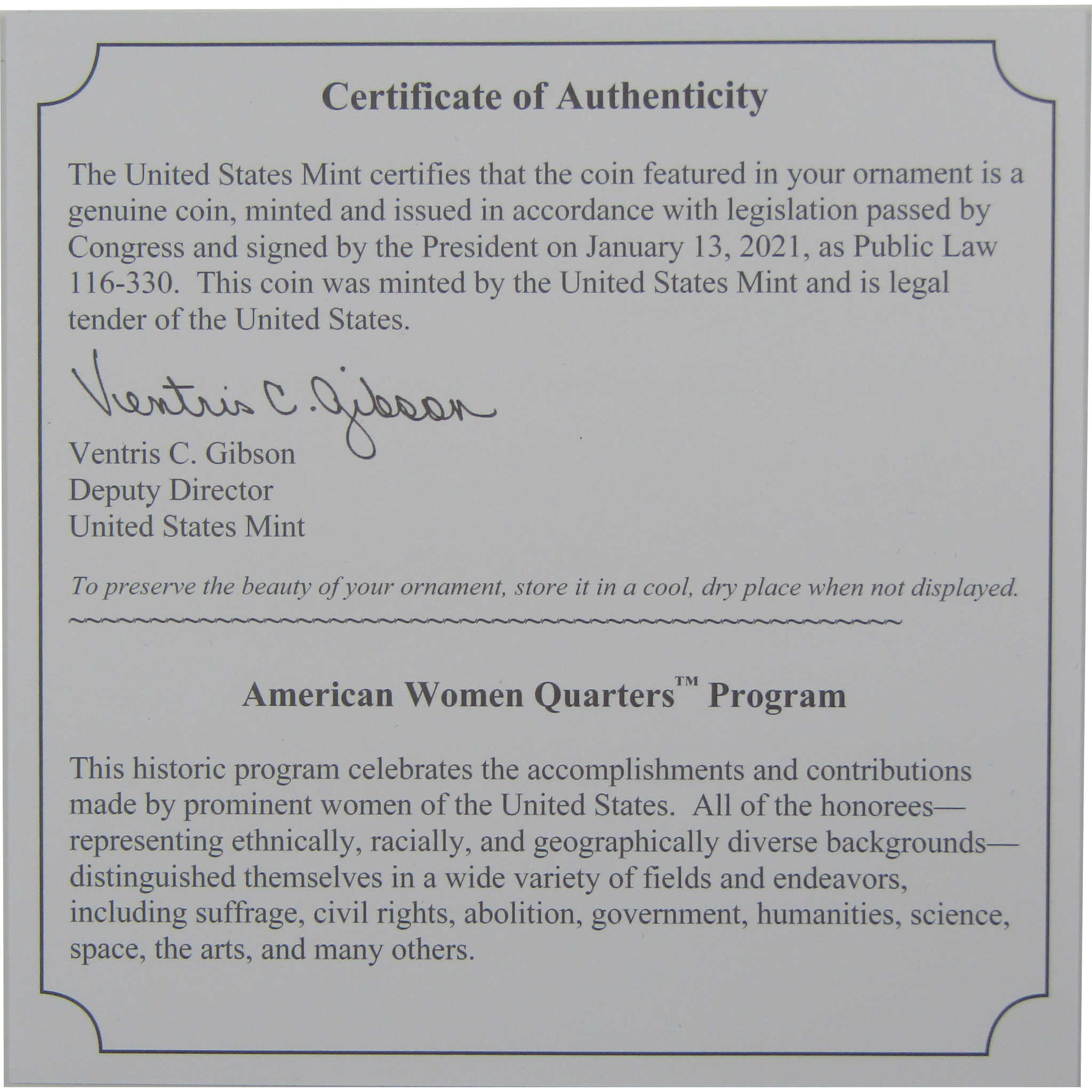 2022 Wilma Mankiller American Women Quarter Christmas Ornament OGP COA