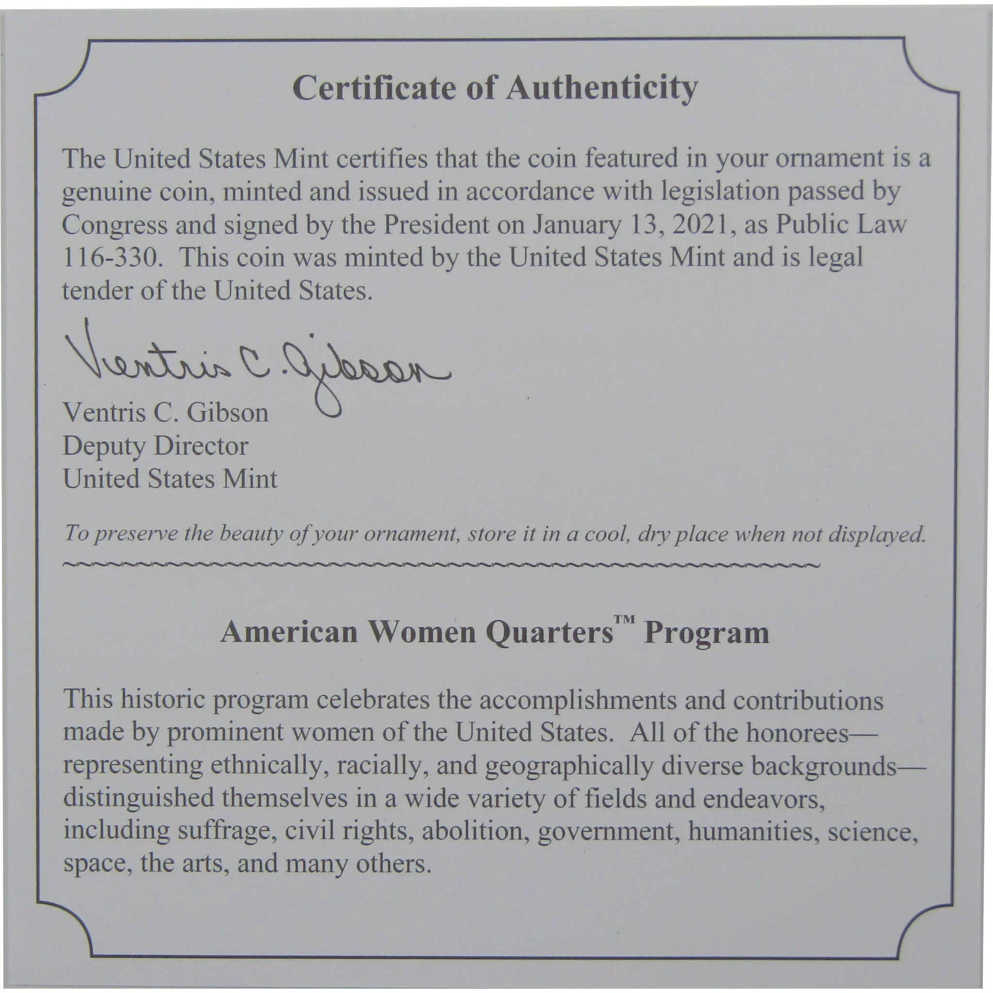 2022 Wilma Mankiller American Women Quarter Christmas Ornament OGP COA