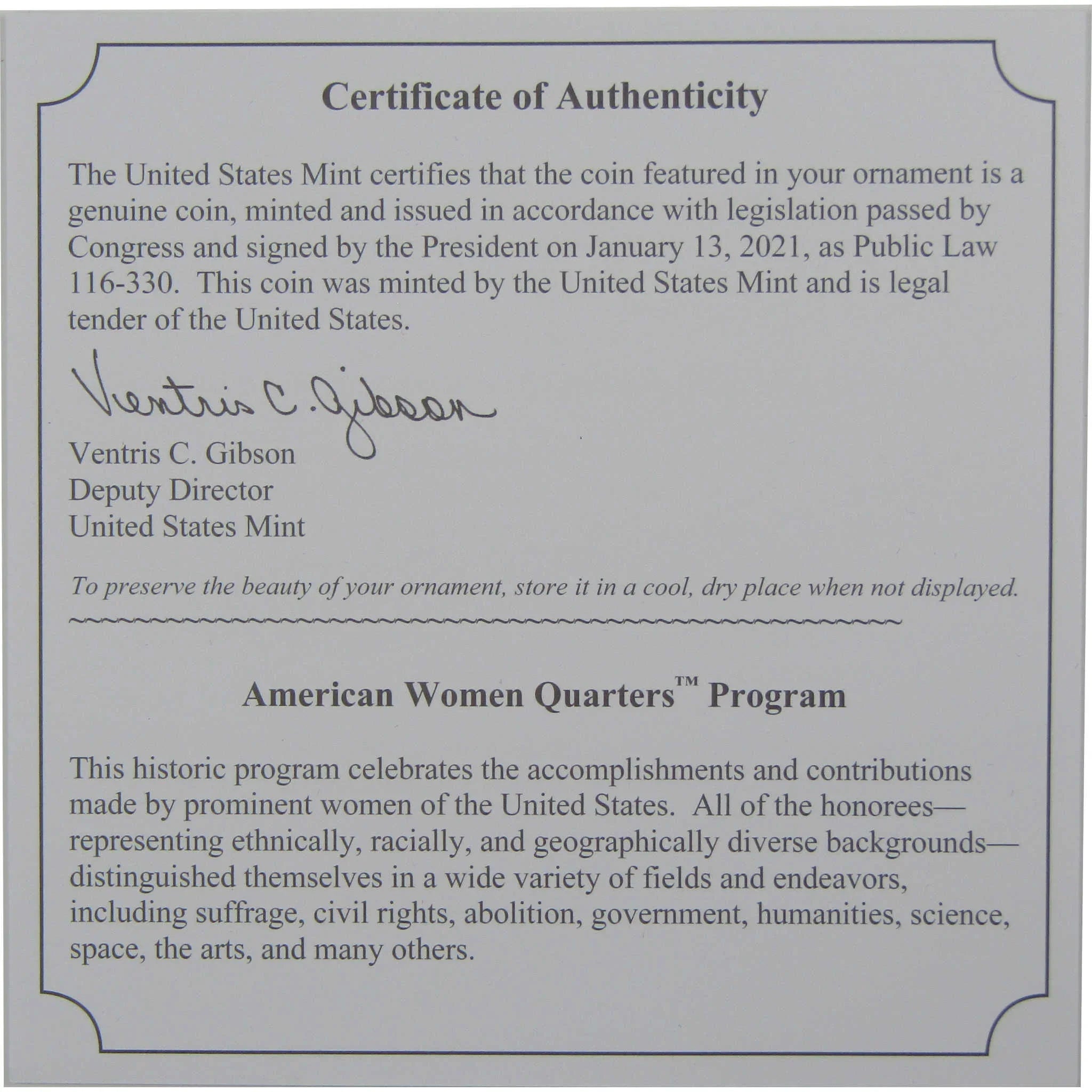 2022 Wilma Mankiller American Women Quarter Christmas Ornament OGP COA