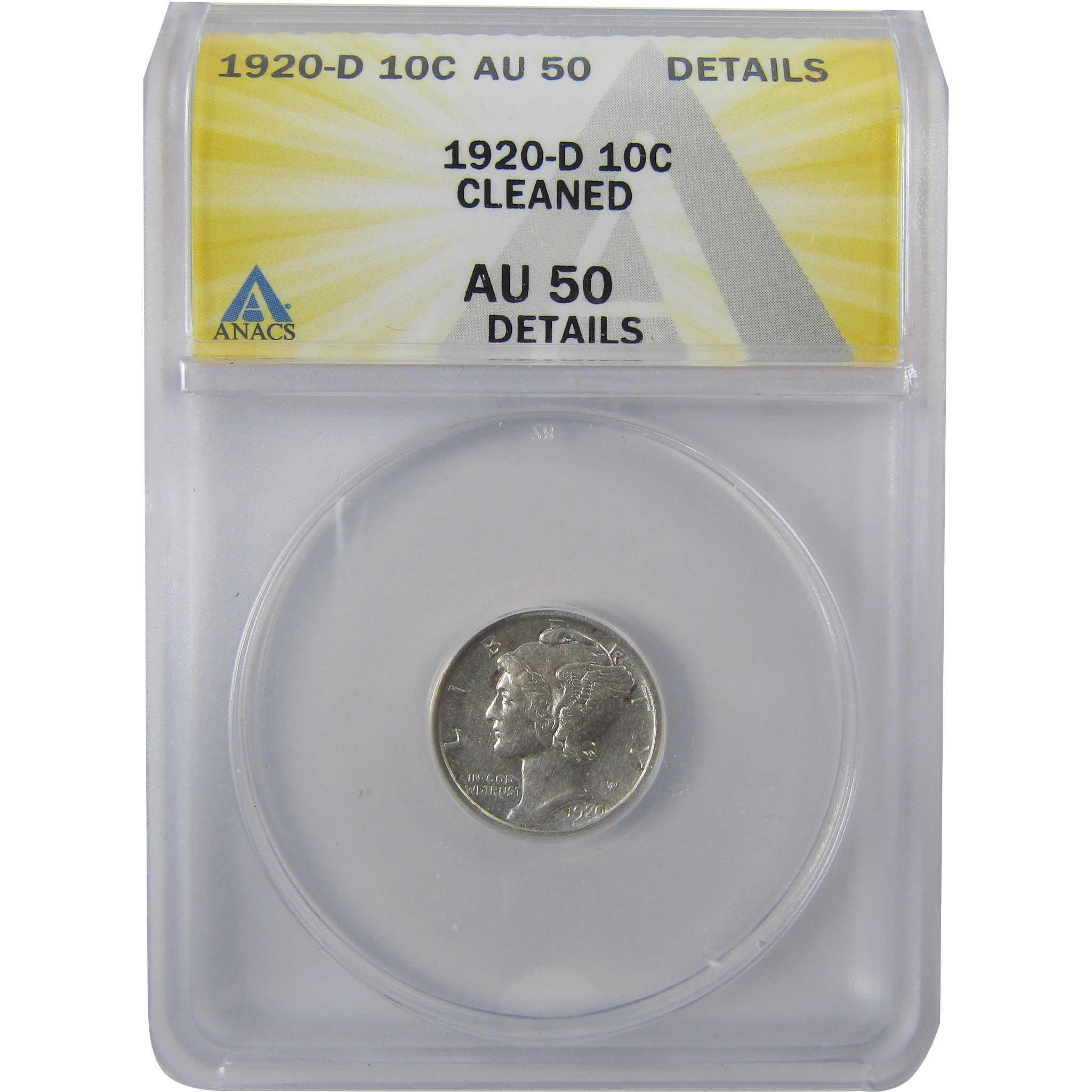 1920 D Mercury Silver Dime AU 50 Details ANACS 10c Coin SKU:I25479