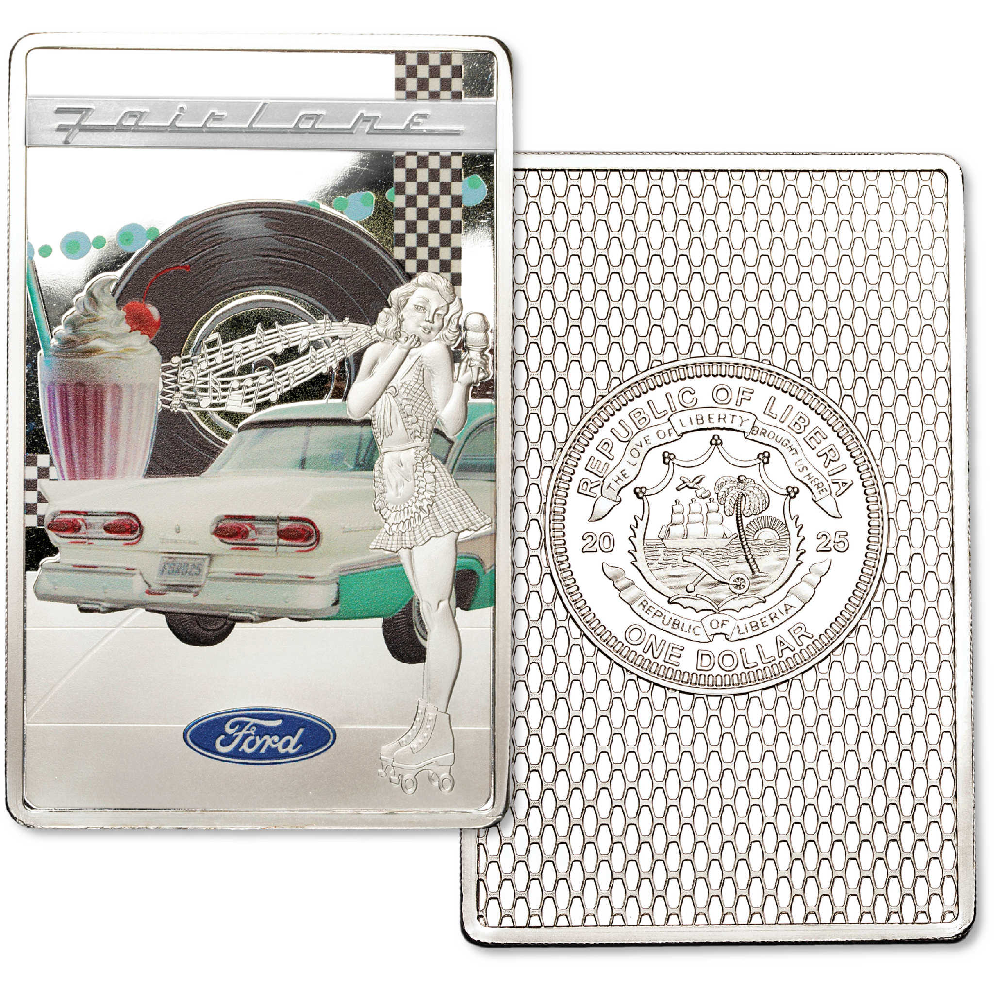 2025 Liberia Ford Summer Fairlane White Brass Uncirculated $1 Coin Bar