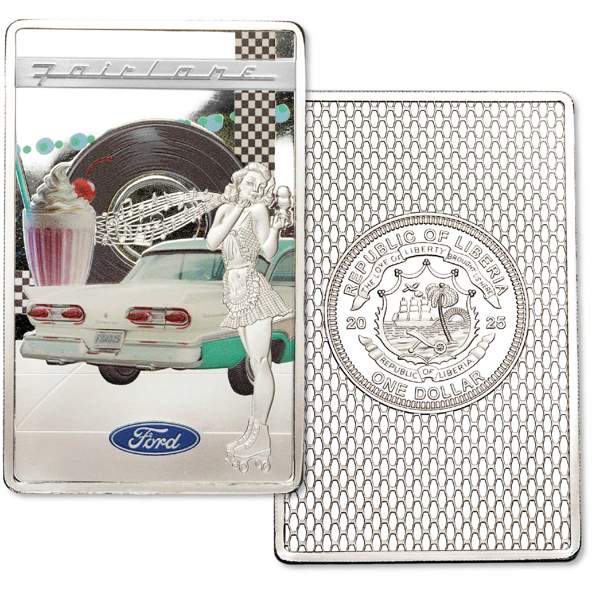 2025 Liberia Ford Summer Fairlane White Brass Uncirculated $1 Coin Bar