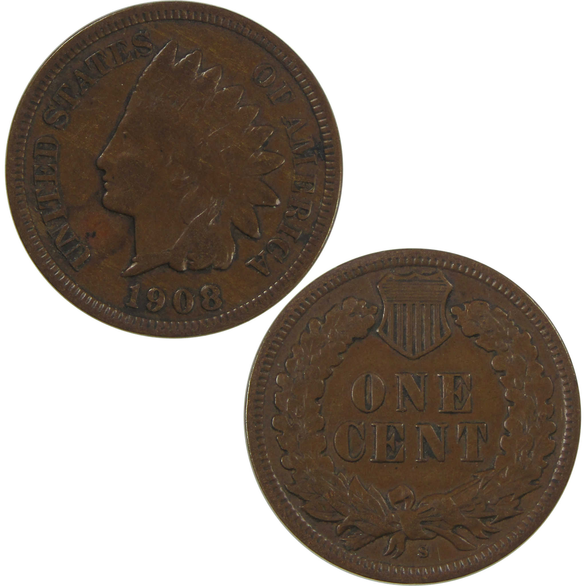 1908 S Indian Head Cent VF Very Fine Penny 1c Coin SKU:CPC0750