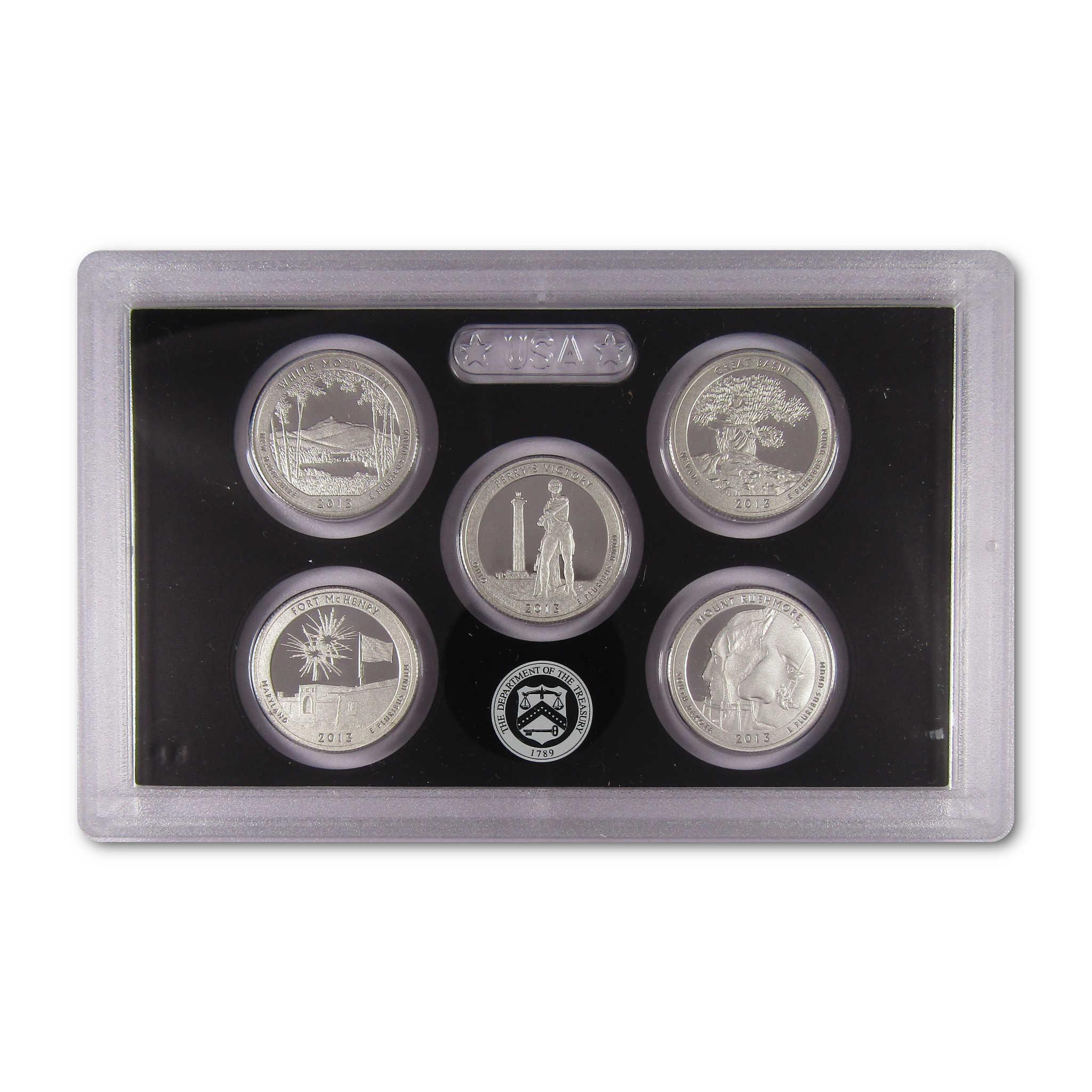 2013 collectible US coin set in protective display case, featuring five silver quarters.