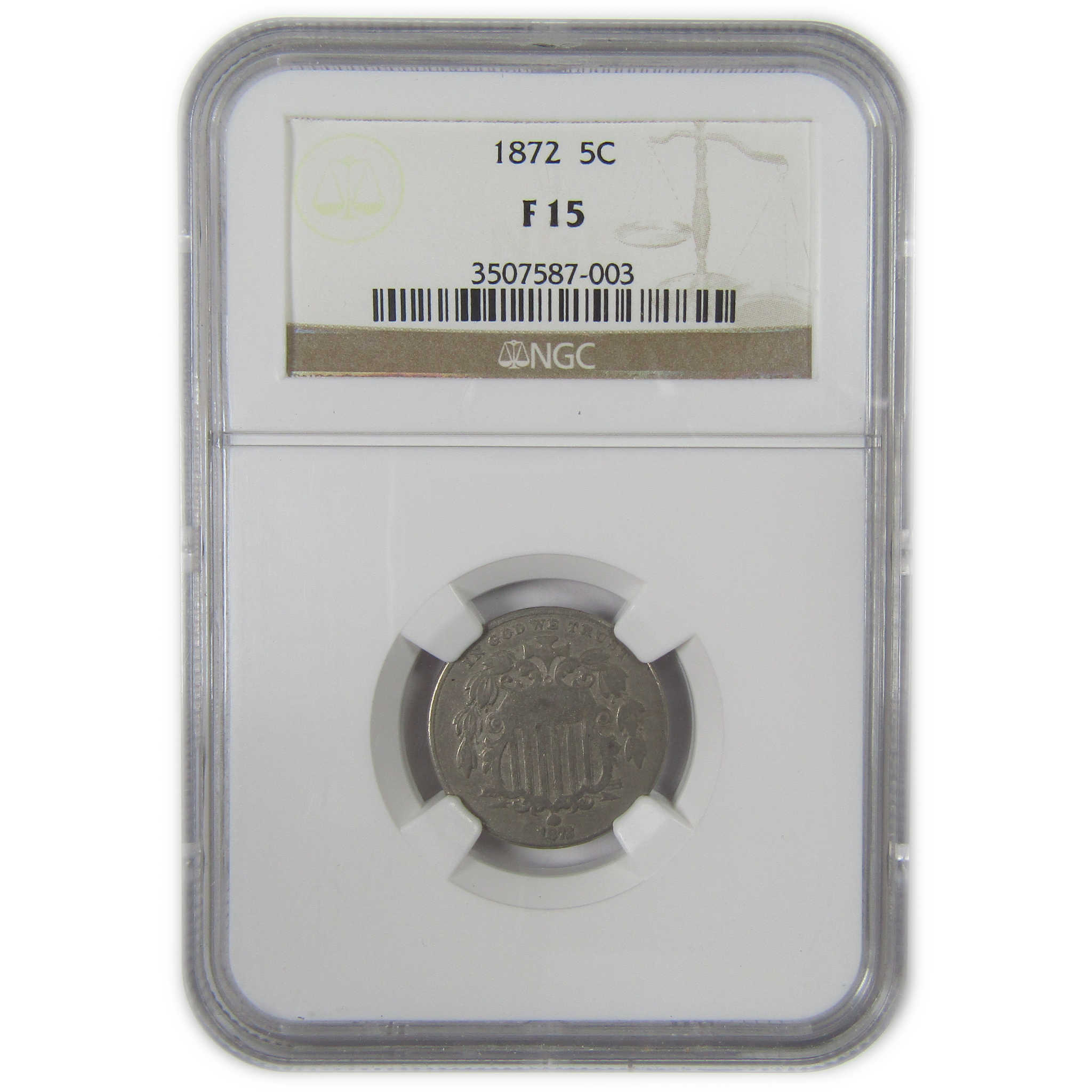 1872 Shield Nickel F 15 NGC 5c Coin Collectible SKU:I23685