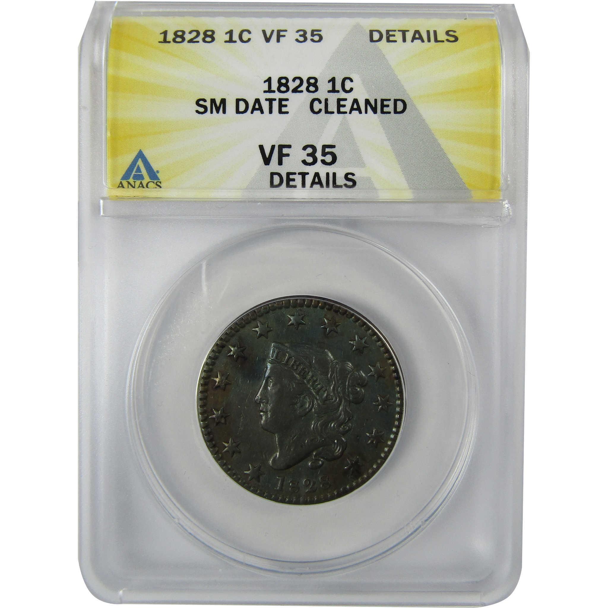 1828 Small Date Coronet Head Copper 1c VF 35 Details ANACS SKU:CP787