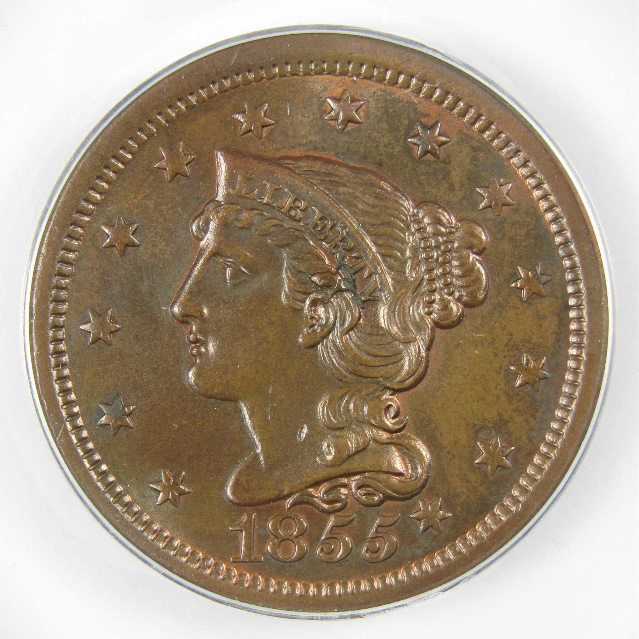 1855 Slanting 5's N-9 Braided Hair Cent AU 50 Details ANACS SKU:CP788
