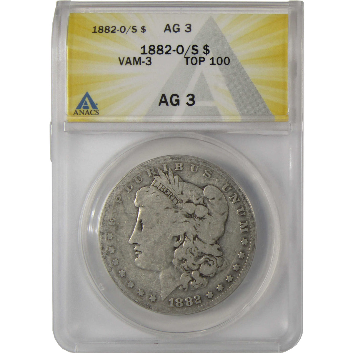 1882 O/S VAM-3 Flush Top 100 Morgan Silver $1 AG 3 ANACS SKU:I28785 - Morgan coin - Morgan silver dollar - Morgan silver dollar for sale - Profile Coins & Collectibles